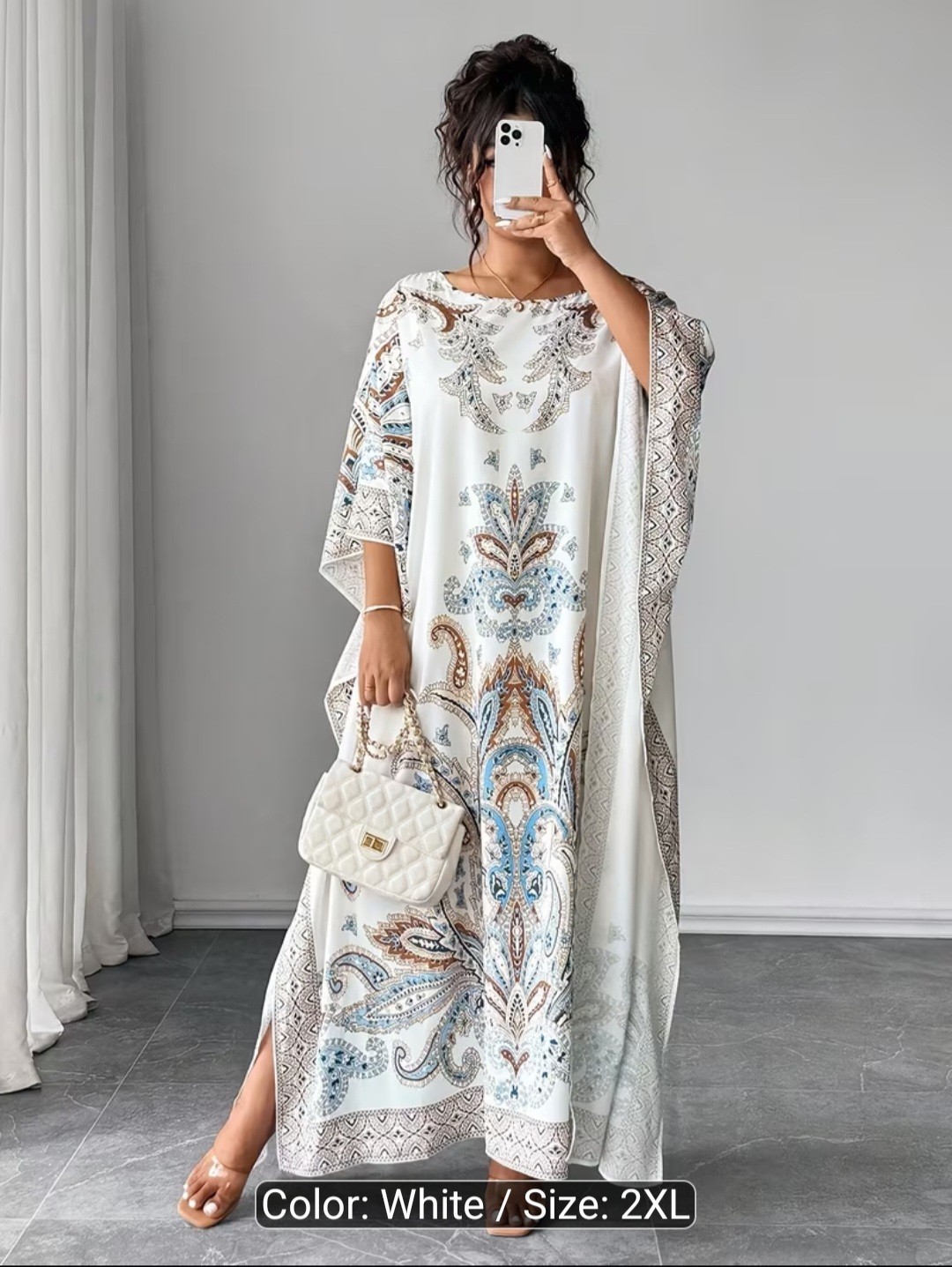 White Blue Brown Paisley Kaftan Maxi Dress Round Neck Pullover Women’s Plus 2XL