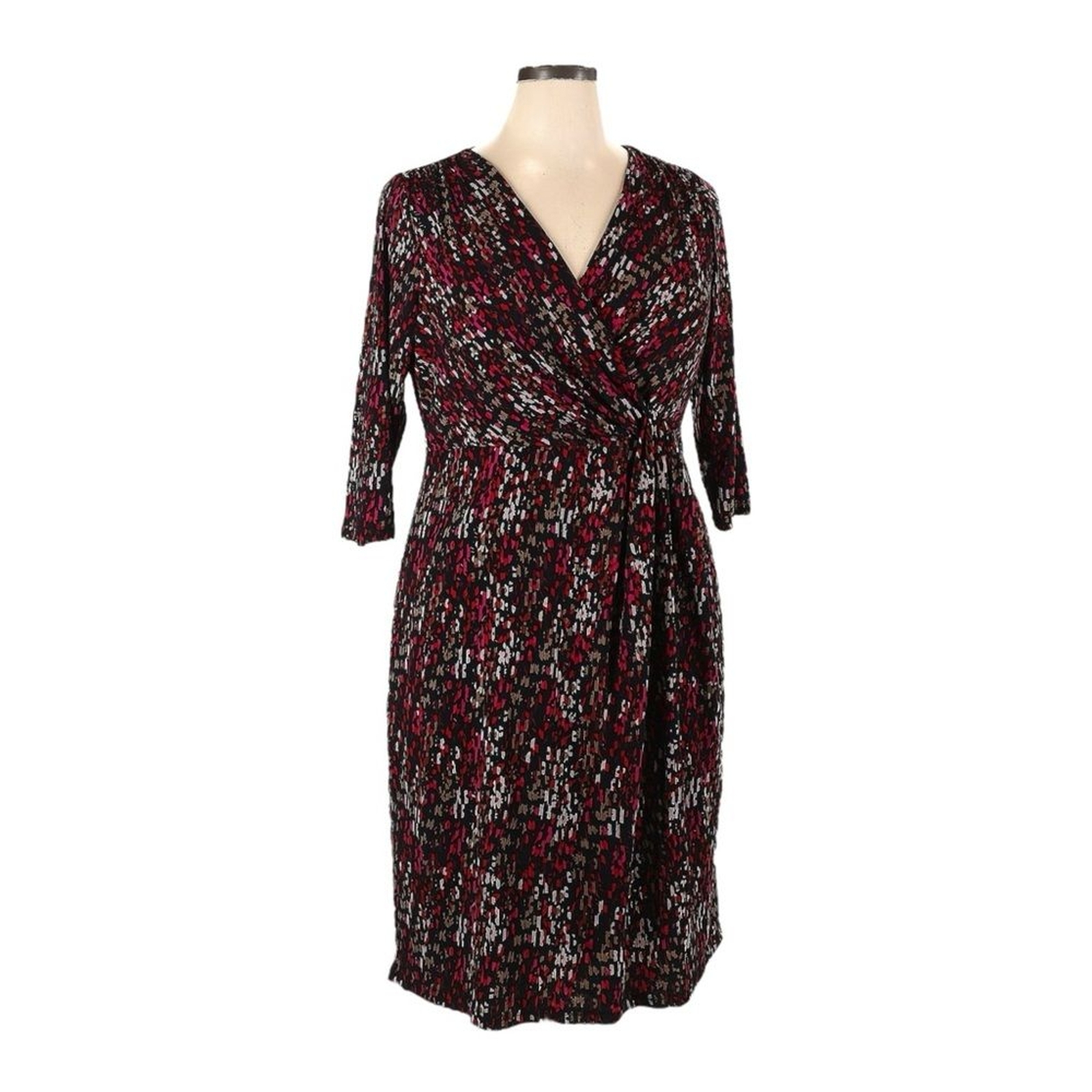 Coldwater Creek Midi Dress 12 Black Multicolor Abstract Stretchy Twist Front