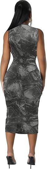 NWT Sheer Mesh Print Bodycon Stretch Sleeveless Dress Large ~ Club Beach