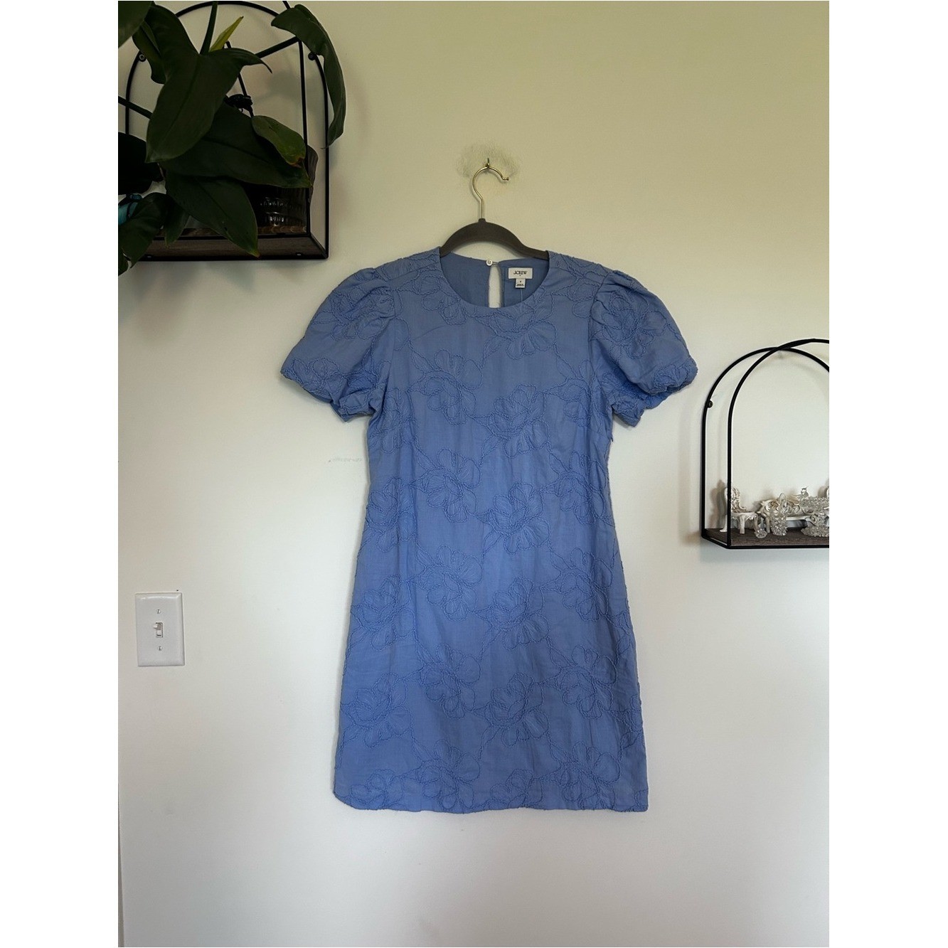 J.Crew Factory Light Blue Floral Embroidered Puff Sleeve Muni Dress Size 2