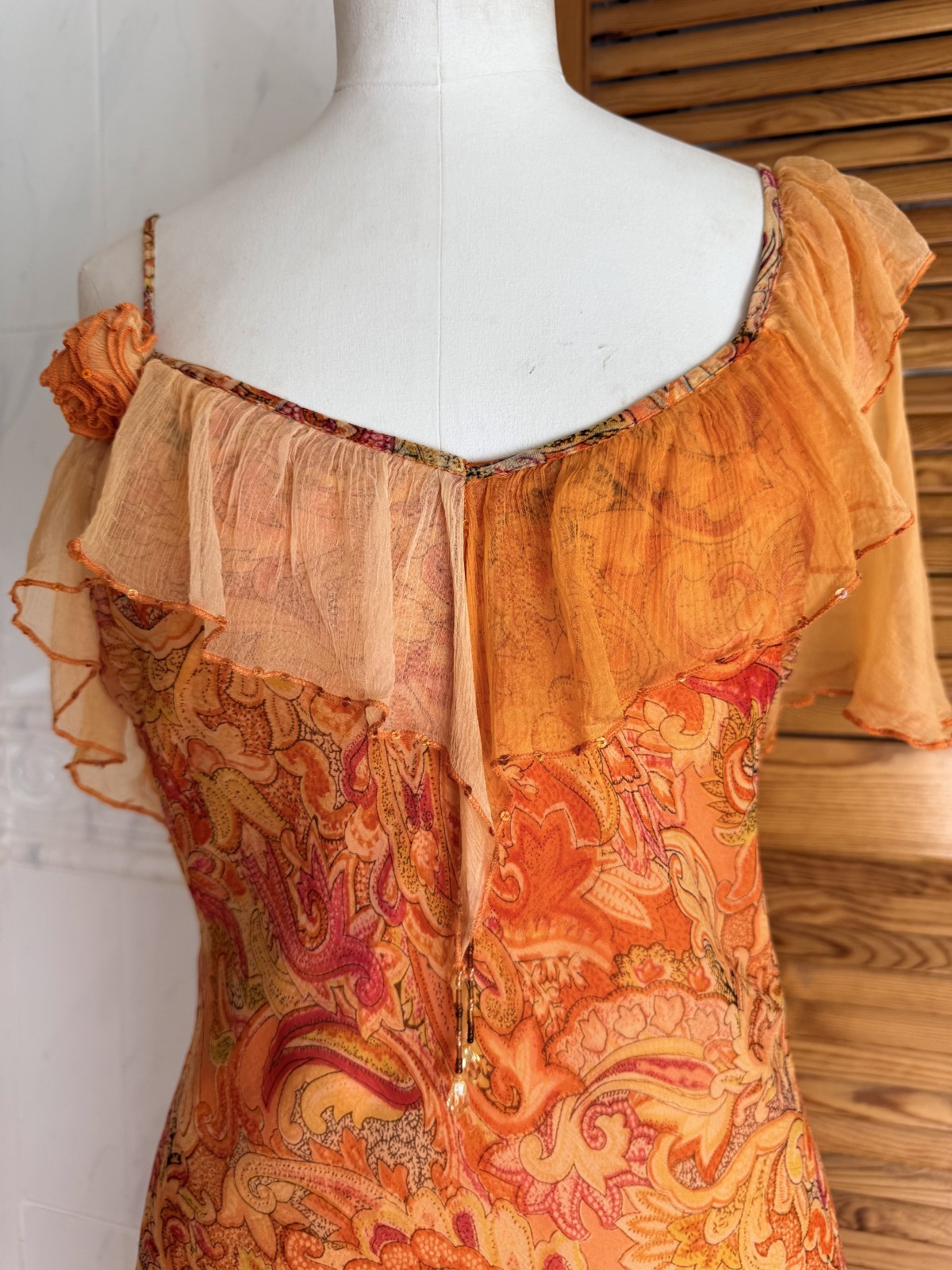 French Designer Orange Paisley Floral Appliqué Dress T2