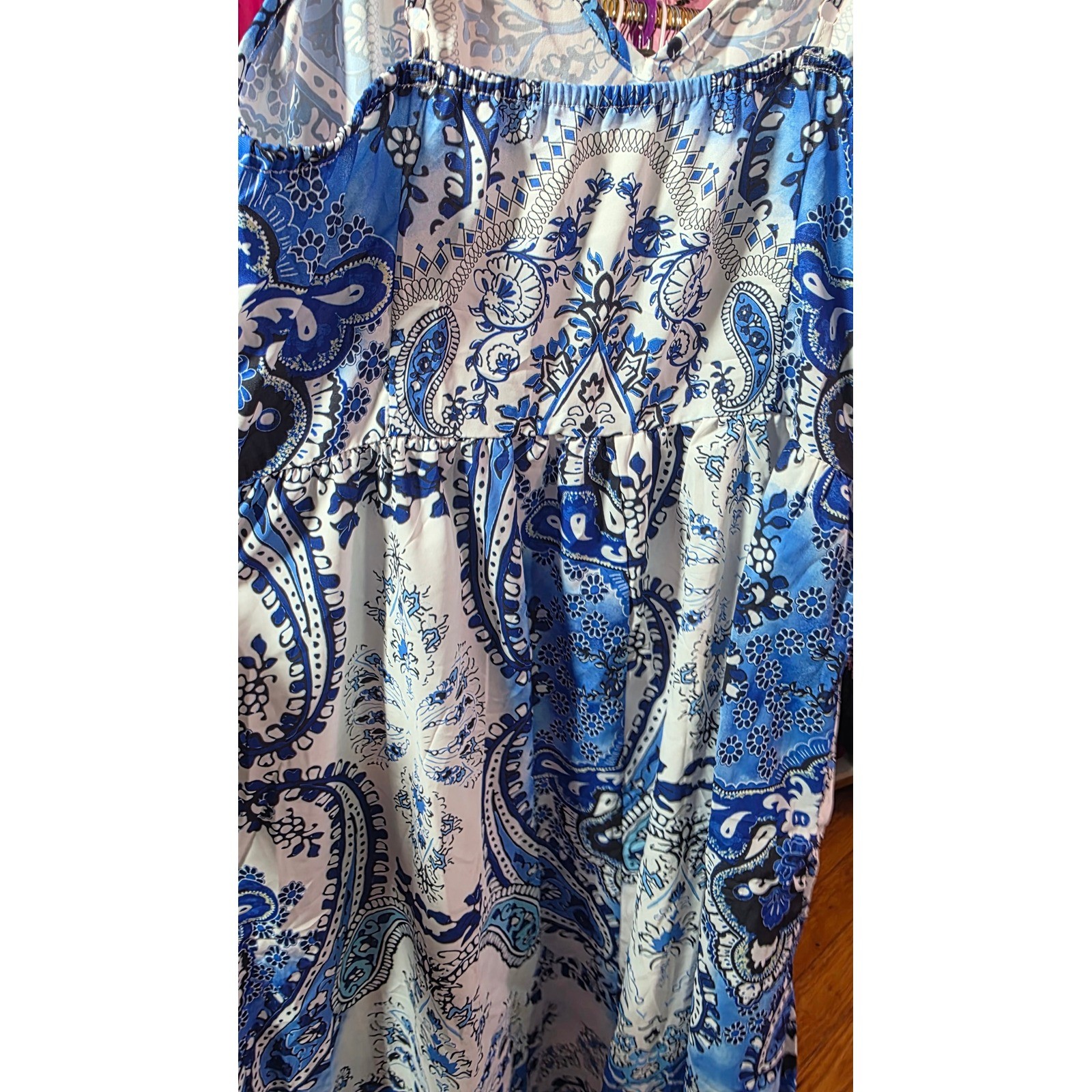 Cupshe Blue Paisley Boho Maxi Dress V-Neck Spaghetti Strap Summer Small NWT