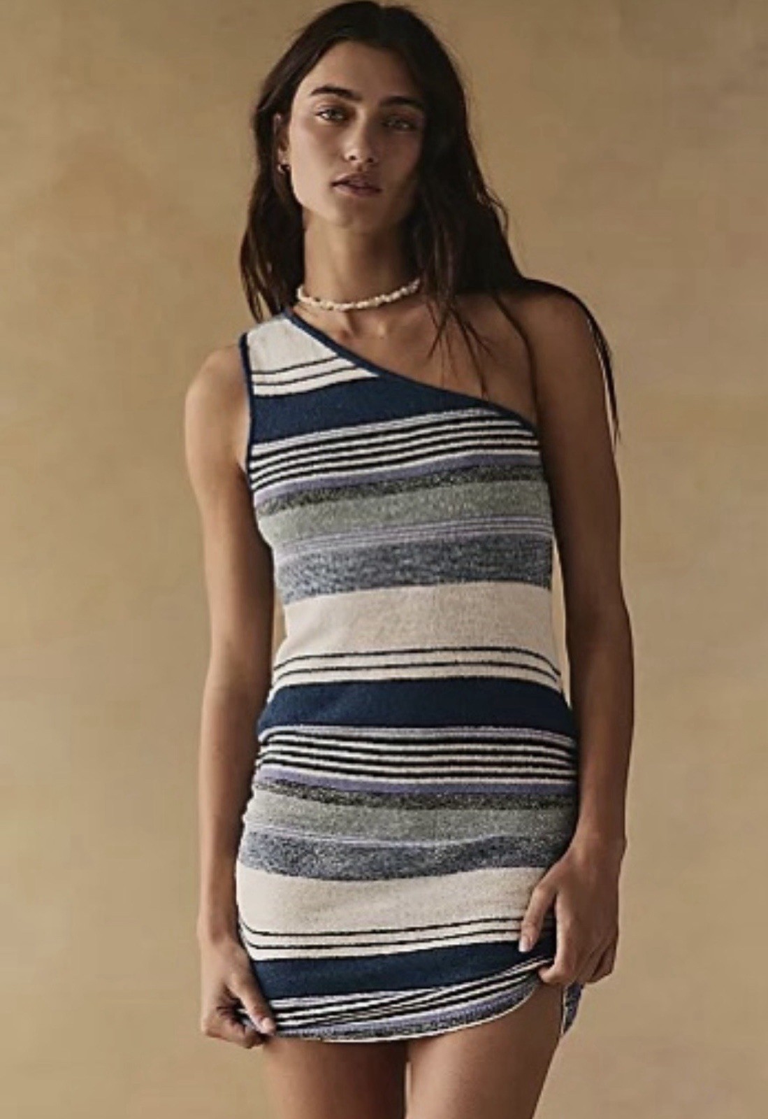 Free People Sun Rays Sweater Mini Dress Horizontal Stripes One-Shoulder Size XS