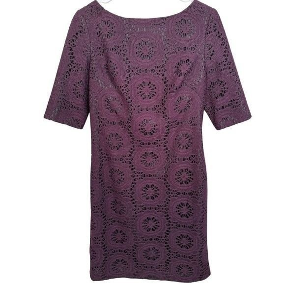 Adrianna Papell Purple Lace Sheath Dress Short Sleeve Exposed Zipper Size 8