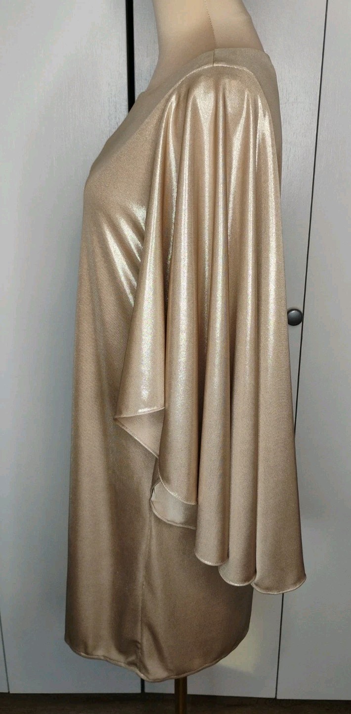 Halston Heritage gold metallic Shift dress Cape Style Sleeve Sz 4