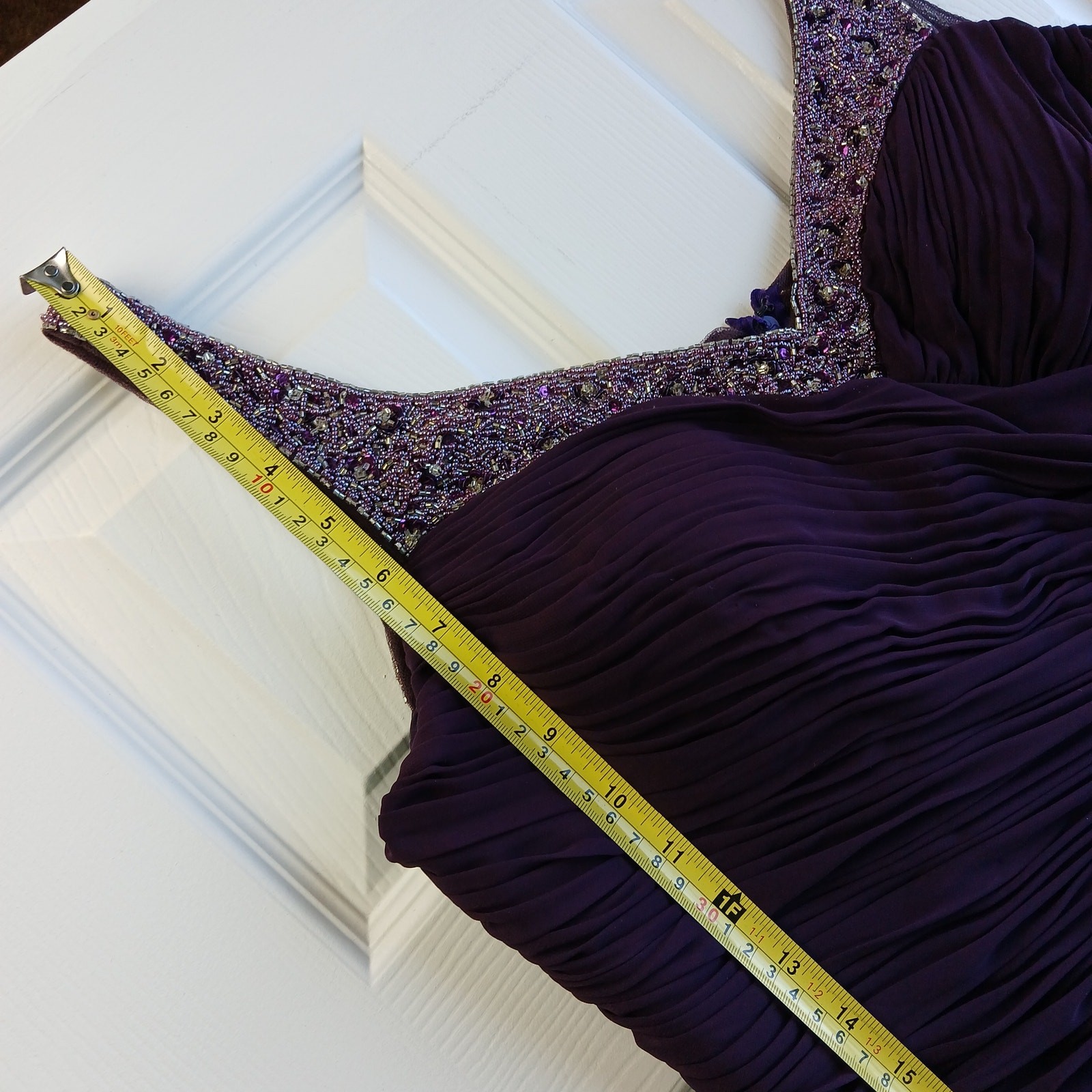 La Perle Aubergine Beaded Sweetheart Maxi Gown 16 slight train leg slit formal