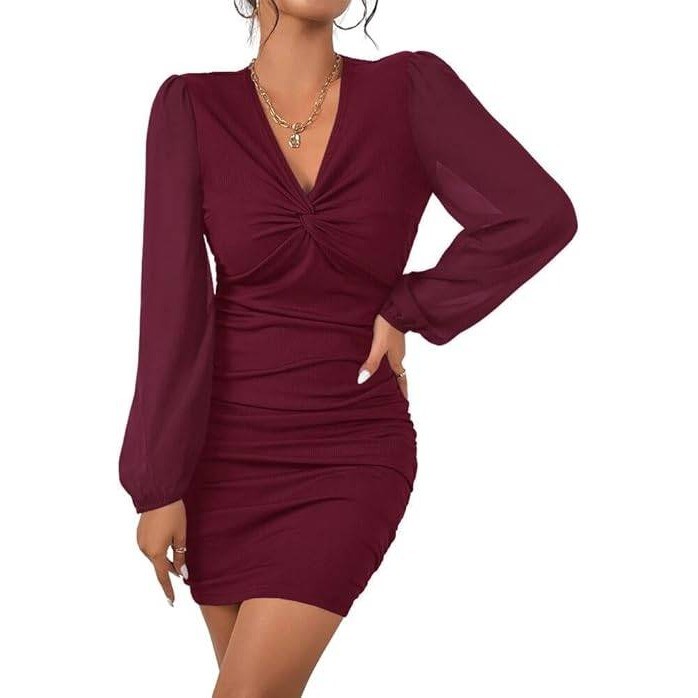 MSRP $38 Fisoew Women’s XL Burgundy V Neck Party Dress Slim Fitted Long Sleeve