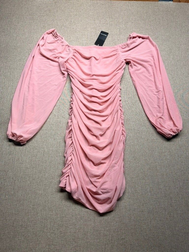 MinciLuxury Pink Ruched Bodycon Mini Dress NWT Off Shoulder Long Sleeve Mesh