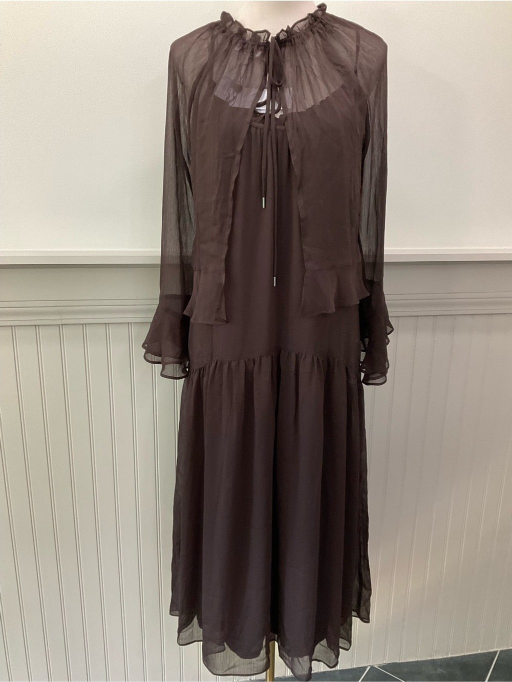 Socialite NWT Brown Chiffon Midi Dress & Sheer Bell Sleeve Overlay Set Size Med