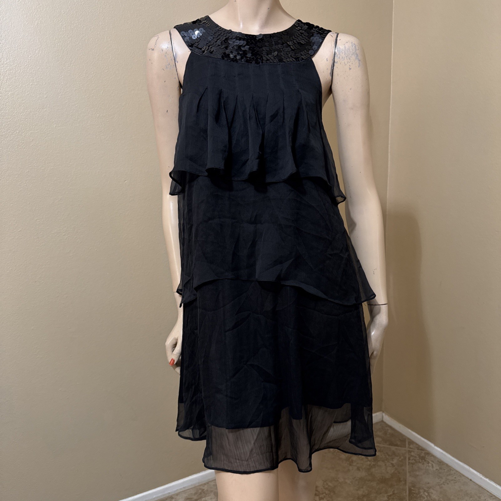 Women’s Black Polyester Cocktail Sheer Layered Lined Beaded Button Size S Dress