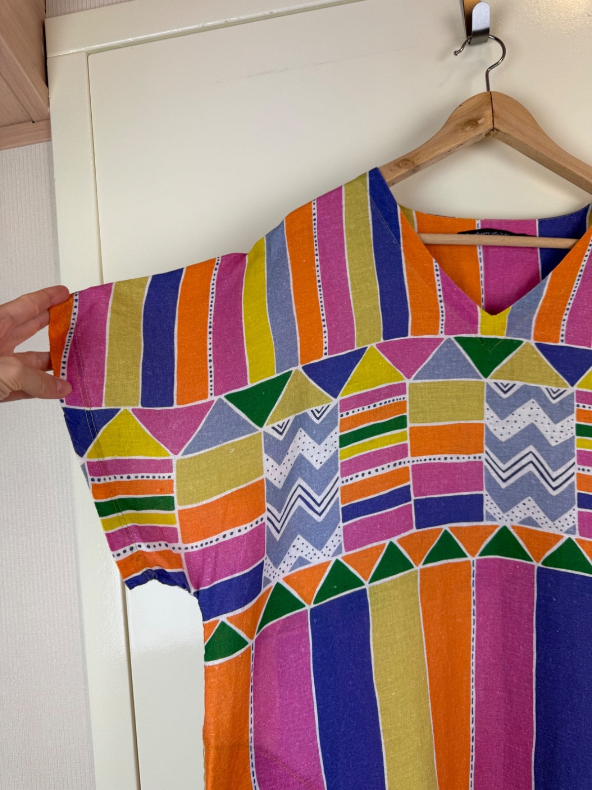 GUDRUN SJODEN Linen Multicolor Cheerful Dress Kaftan Ikat Geometric Sundress L