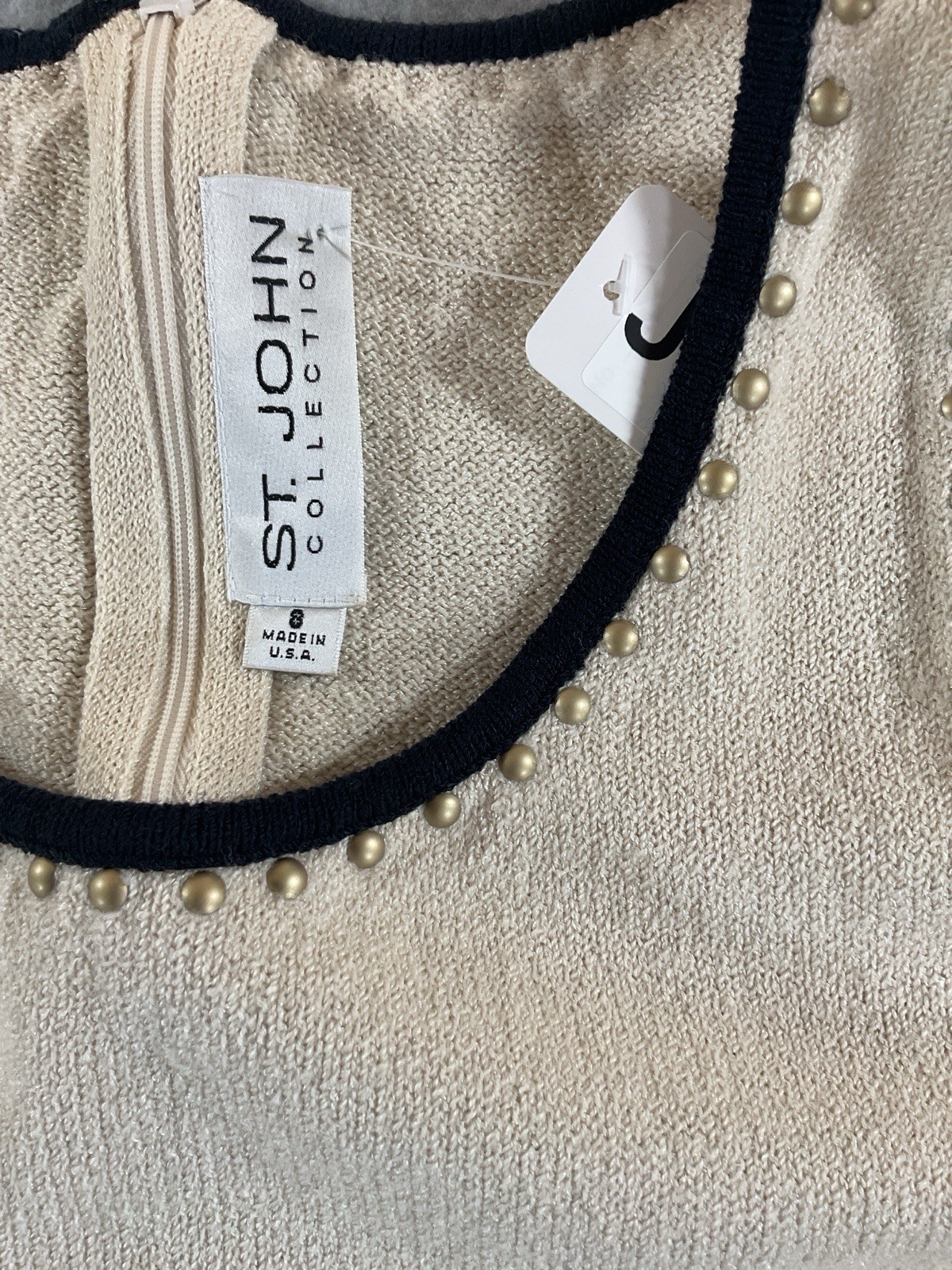 St. John Collection Beige Knit Sheath Dress Pearl Trim Sleeveless Size 8 J1