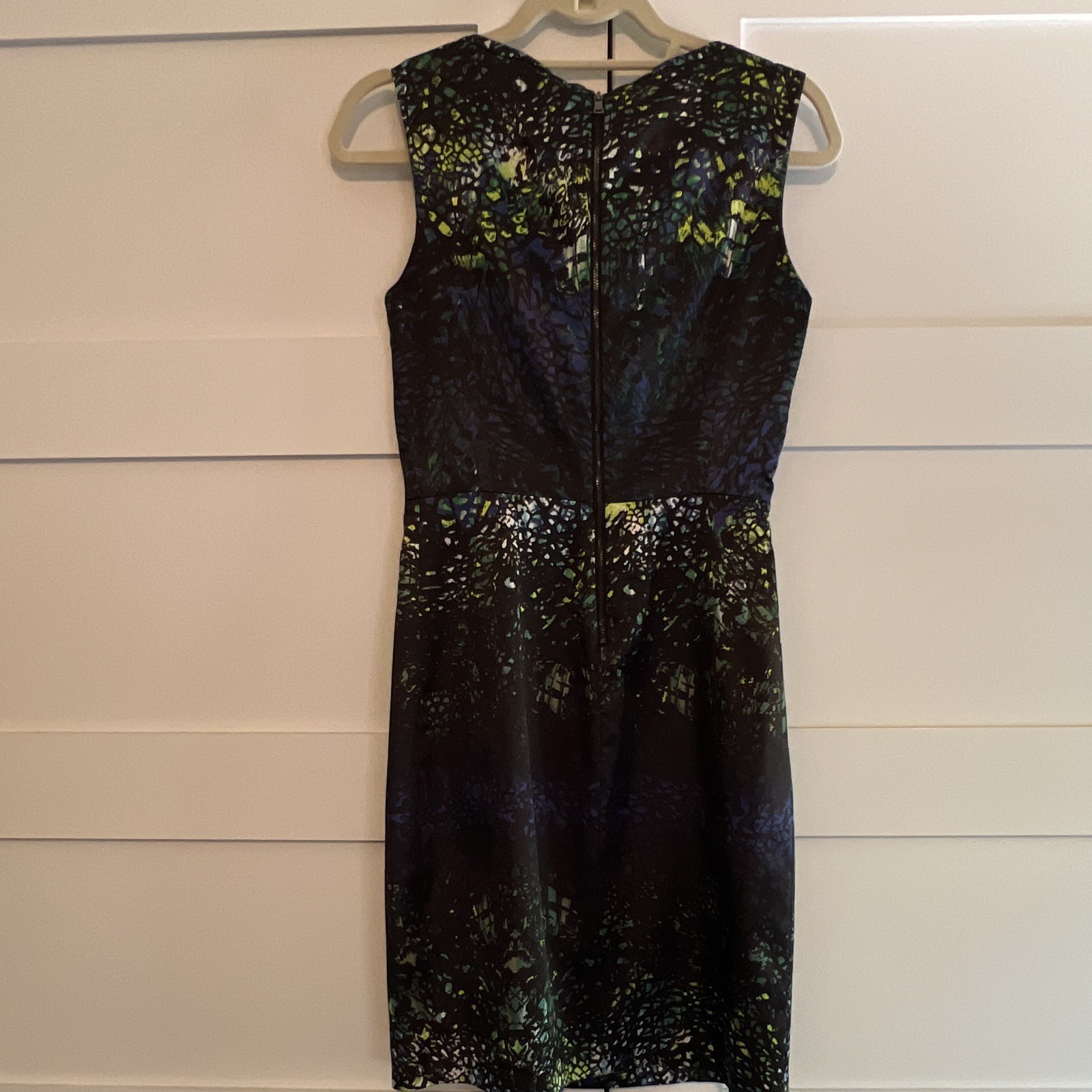 Tahari Black Blue Green Satin Sheath Dress Sleeveless Round Neck Lined Zip 2