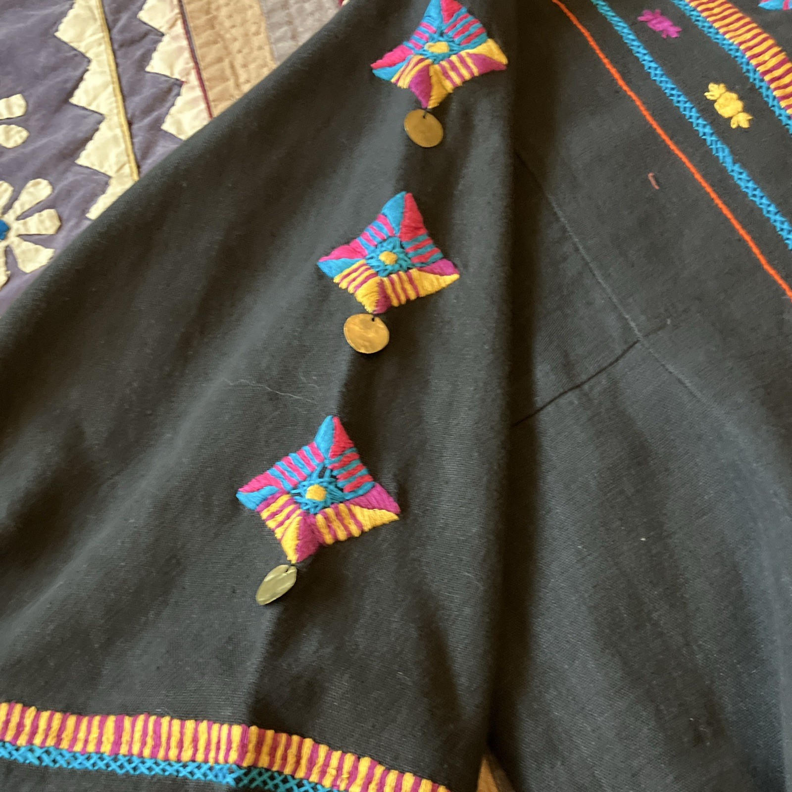 Diseño Josefa Black Maxi Dress V-Neck 3/4 Sleeve Embroidered Coin Cotton XL