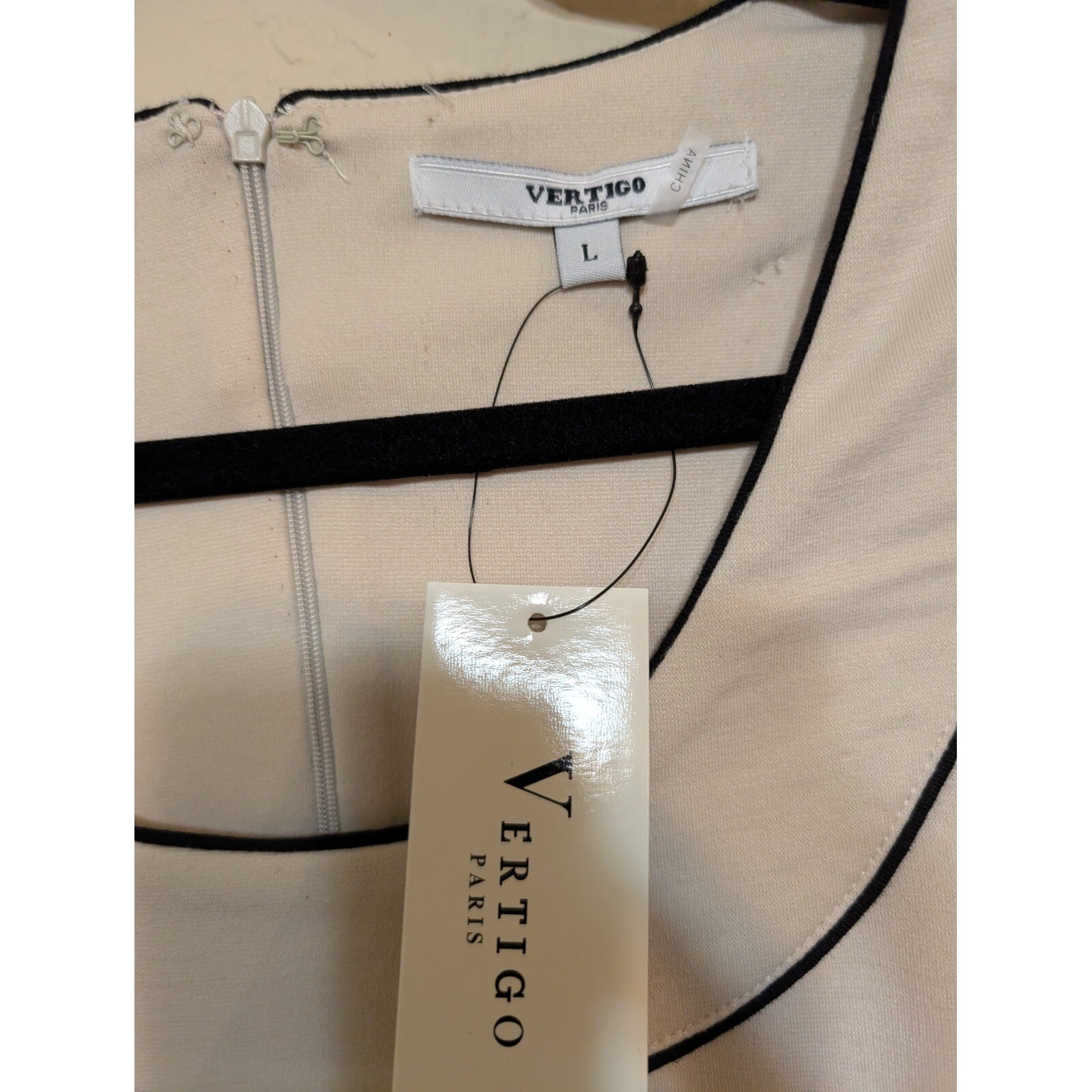 Vertigo Paris Sheath Dress Oyster Black Trim Career Work Party L