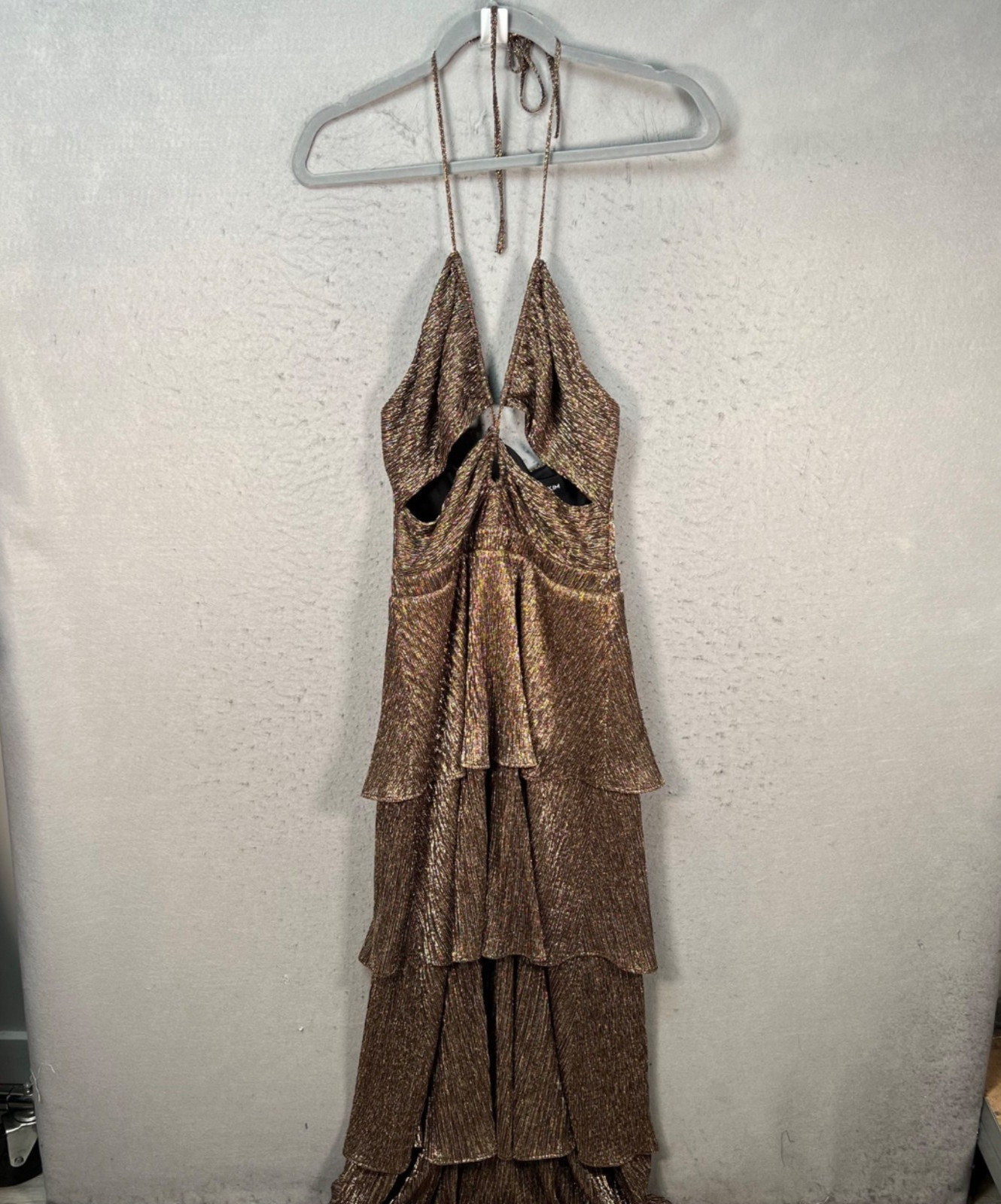 Yumi Kim Womens Size XS Metallic Gold Tiered Halter Maxi Dress
