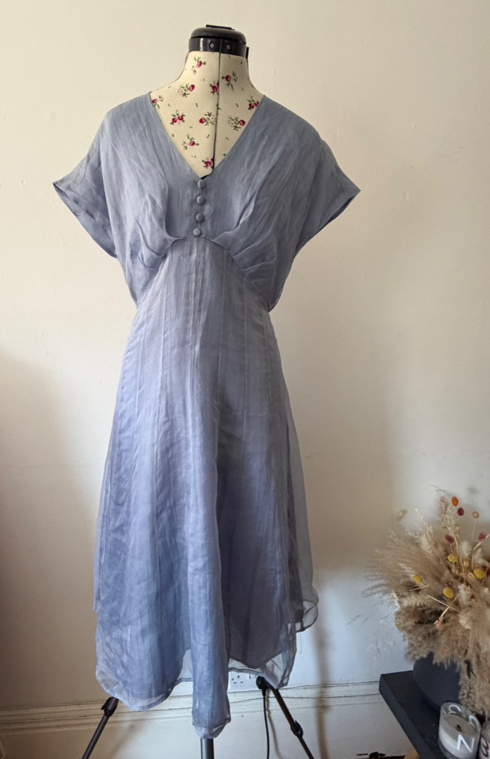 Nancy Mac 100% Pure Silk Dress Size 2 UK 8–10 Blue Shimmer Occasion Midi Dress