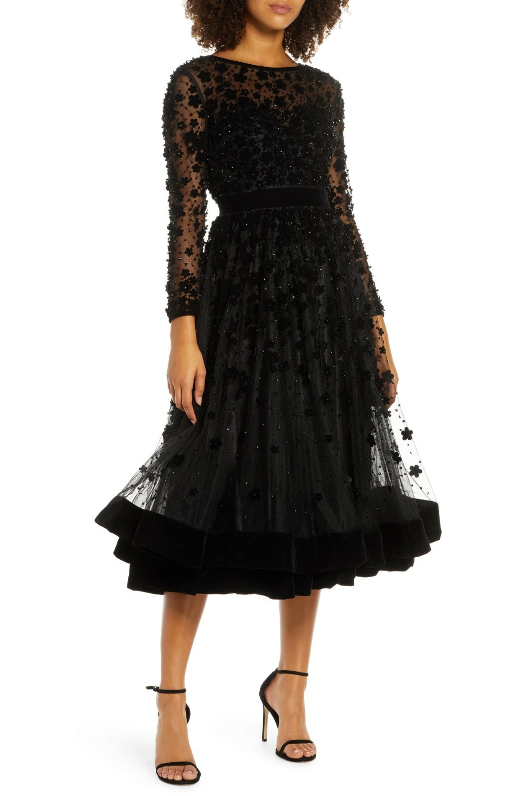 MAC DUGGAL 67007D Black Floral 3D Luxe Velvet Sheer Long Sleeve Tea Dress 10 US