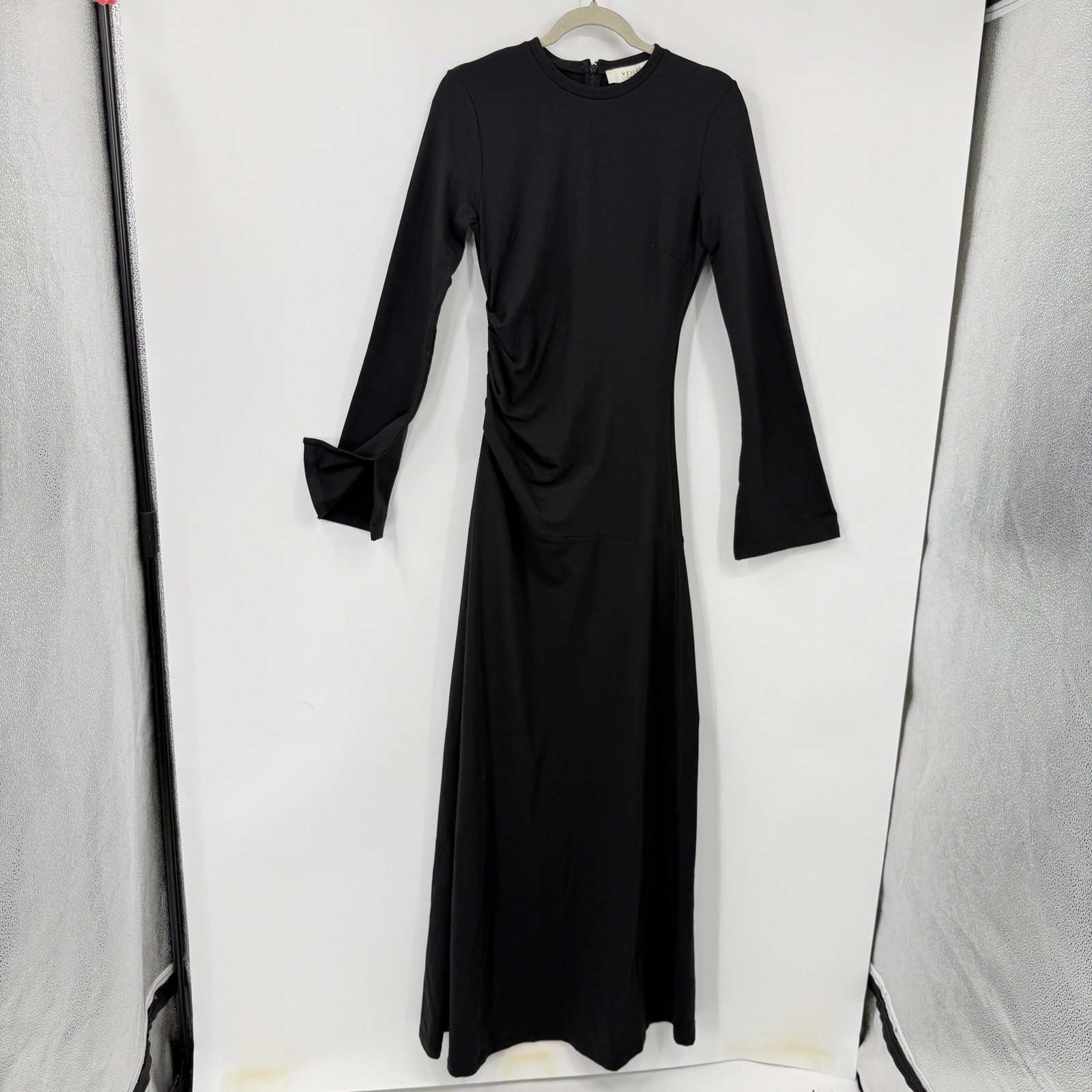 Veiled Collection Natalie Ruched Jersey Maxi Dress Small 62″ Black Modest NWT
