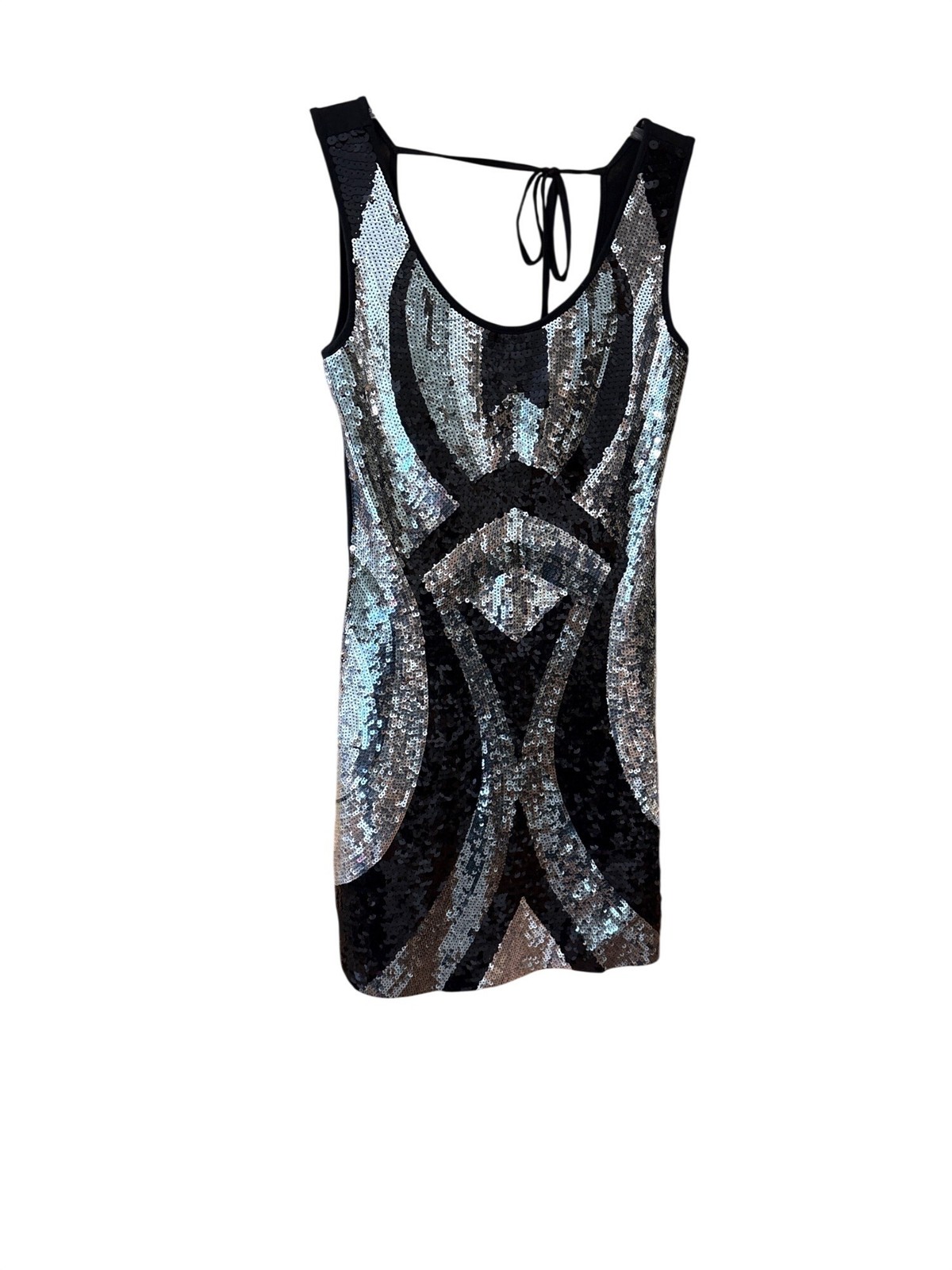 Sequin Party Mini Dress With Abstract Pattern & Open Back Tie Detail Size S