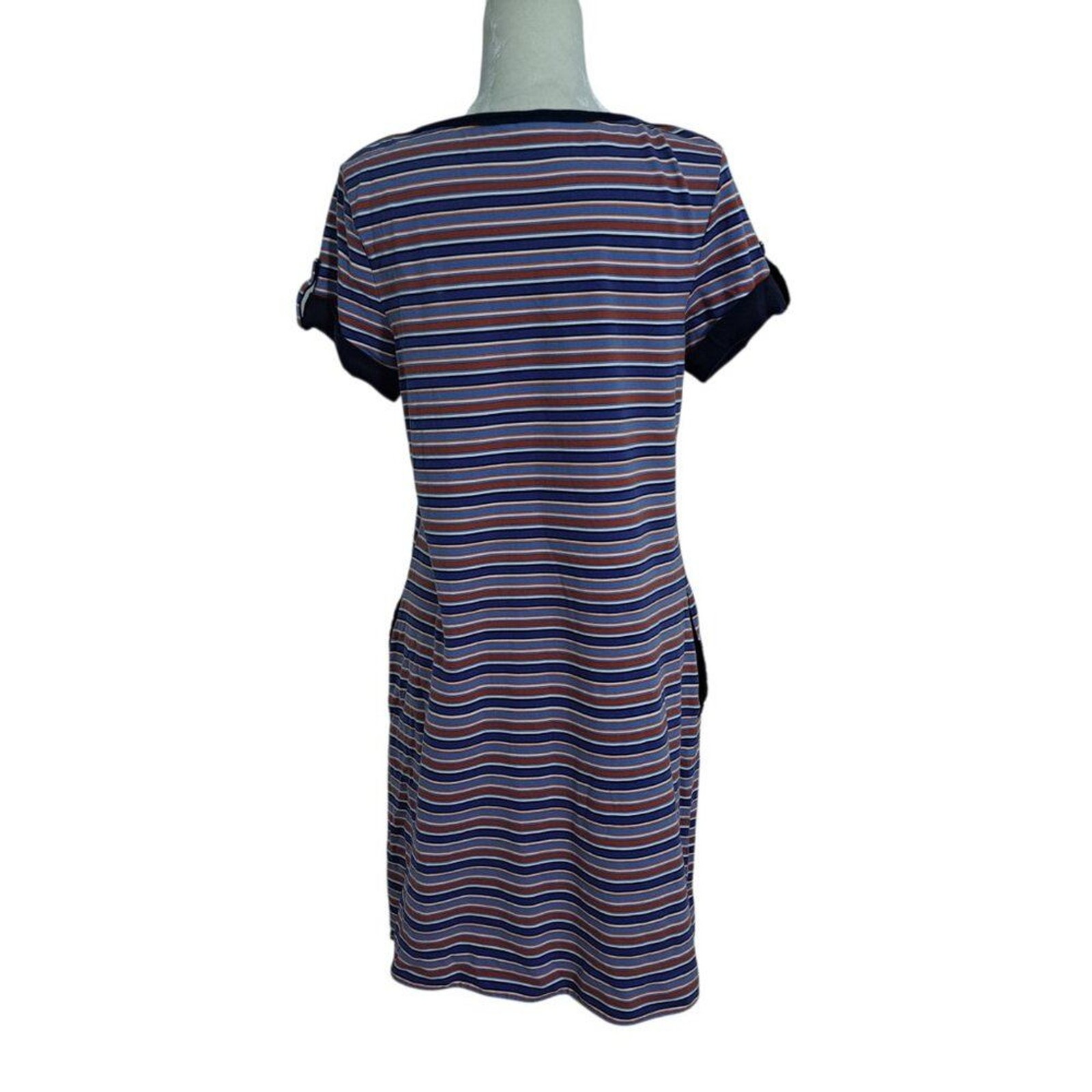 Lands’ End Women’s Nautical Striped Cap Sleeve Shirt Dress Blue Multi Vacation M