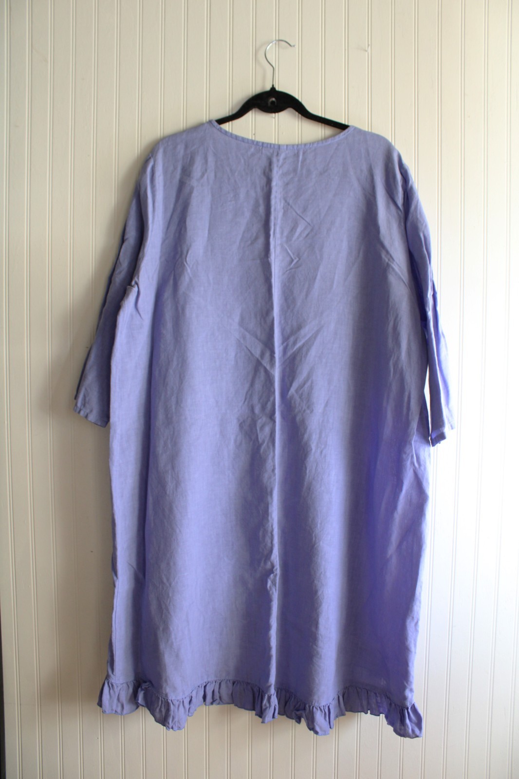 Brynn Walker Linen Periwinkle Blue Ruffle Hi Low Hem Summer Dress, Lagenlook.