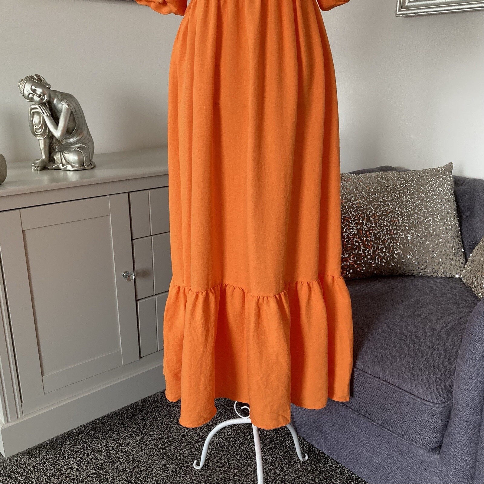 Orange Round Neck Short Puff Sleeves Cut Out Sides Tiered Hem Midi Dress S 8-10
