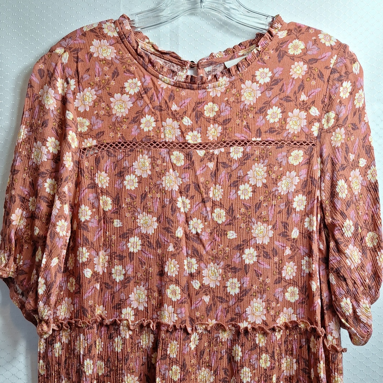 KNOX ROSE Peasant Midi Dress Sz M Rusty Orange Floral Cottagecore Prairie Boho