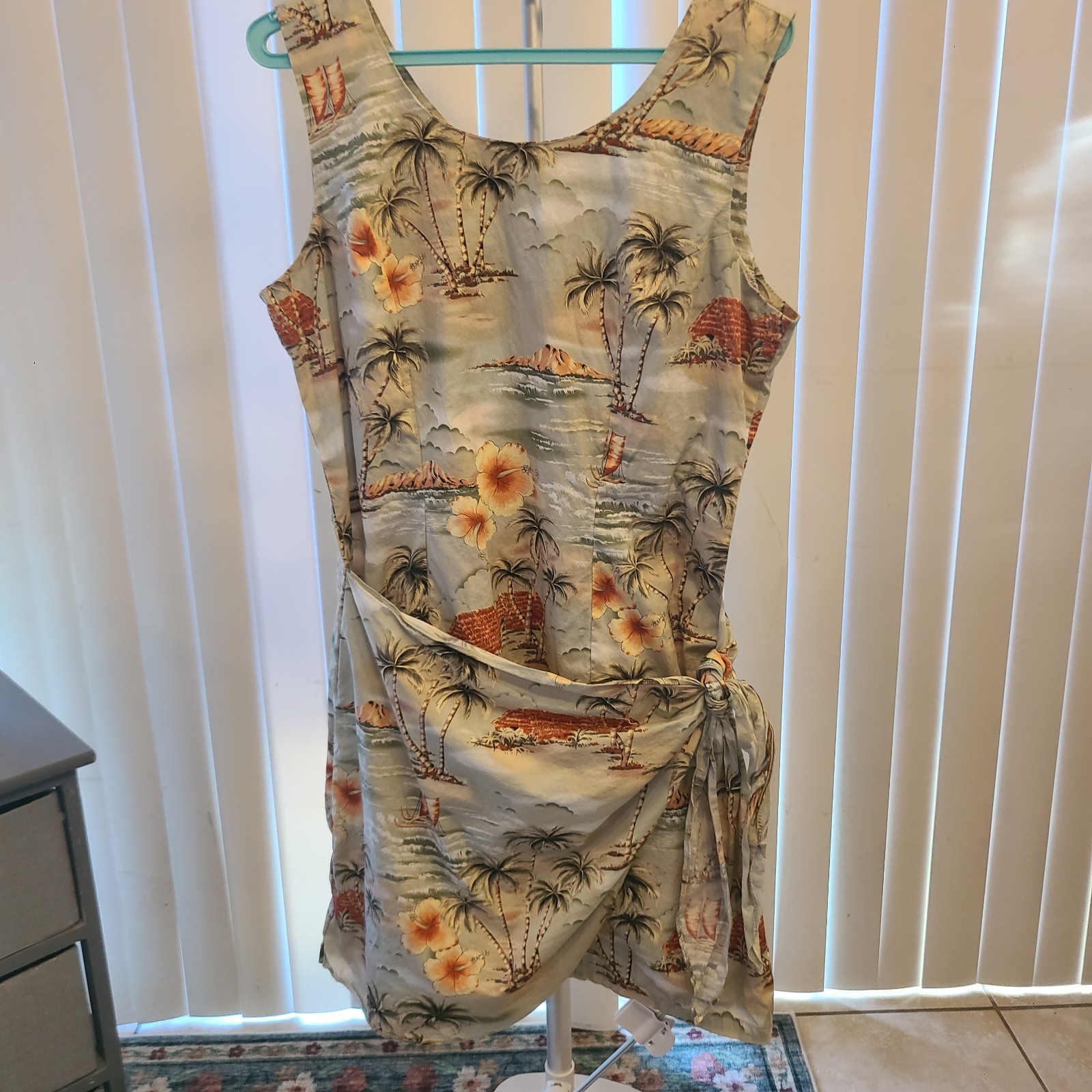 KY’s Made in Hawaii Mini Dress 100% Cotton, Tan/Green Floral, Faux Wrap X-Large