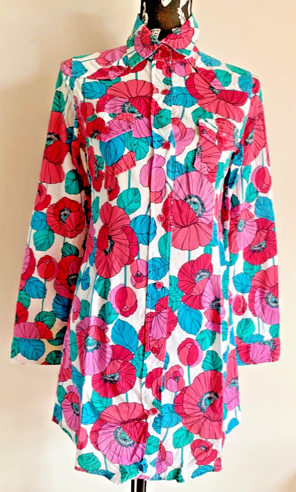 Shirts Dress or Tunic Flower Pink Blue Green Colorful Retro Floral Design Size S