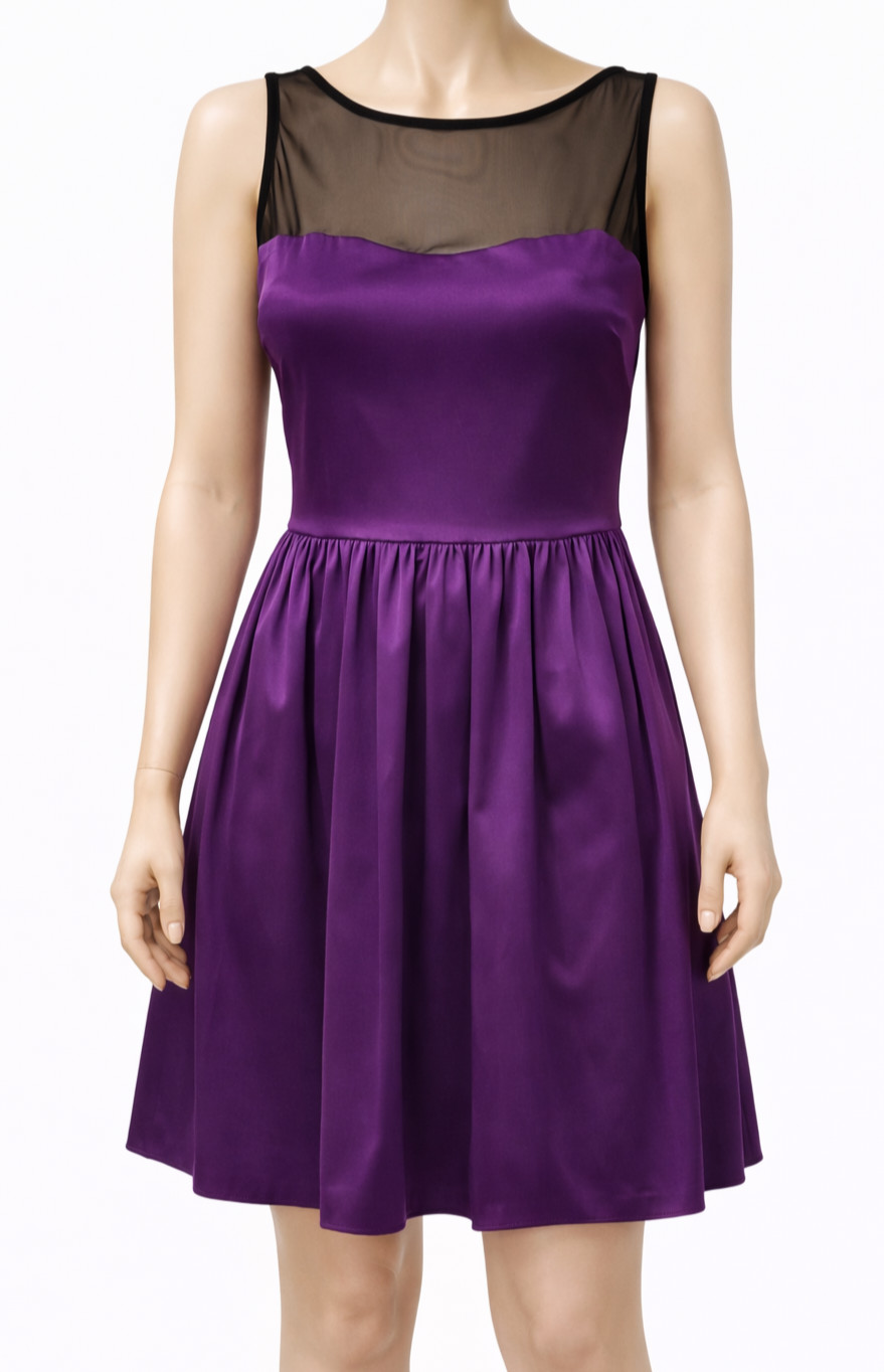 Love Ady Purple Satin Fit Flare Cocktail Dress Womens M Mesh Illusion Party NWT