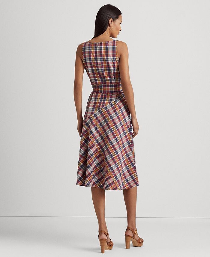 LAUREN Ralph Lauren Vneck Belted Sleeveless Madras Dress Purple Navy Size 8 $195