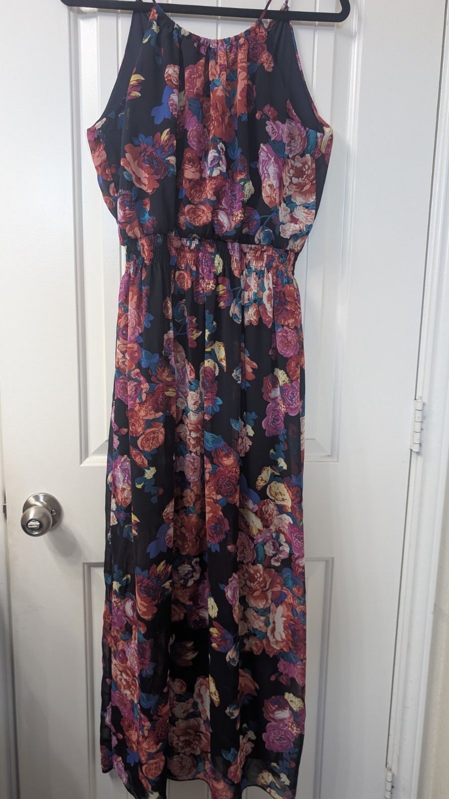 Sweet Storm Black Multicolor Floral Chiffon Smocked Square Neck Maxi Dress L