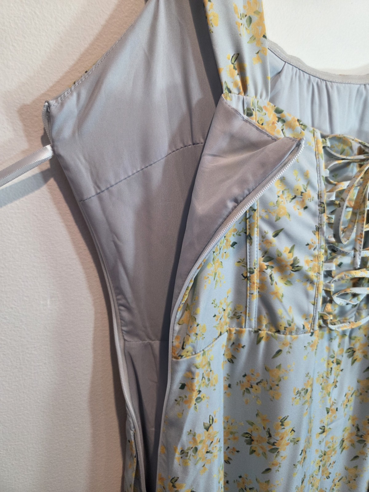 UNBRANDED Size L Blue/Yellow Floral Square Neck Corset Back Lace Up Midi Dress