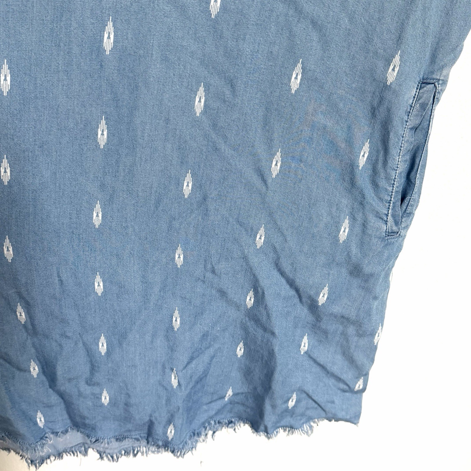 Thread & Supply Chambray Tencel Shirt Dress Size M Blue Ikat AOP Frayed Hem