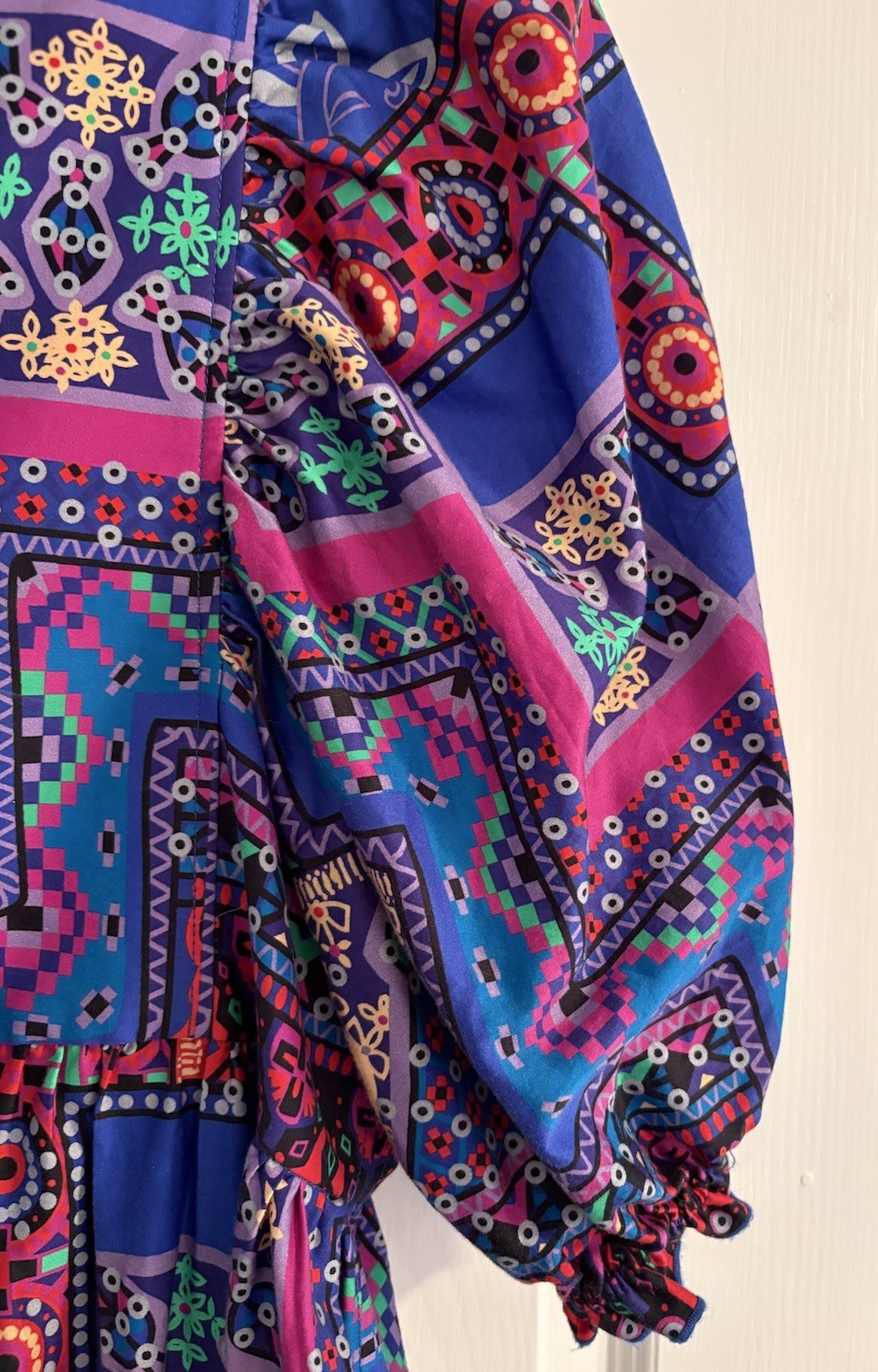 Hunter Bell Palmer Dress Puff Sleeve Midi Multi Talavera Patchwork Sz Small EUC