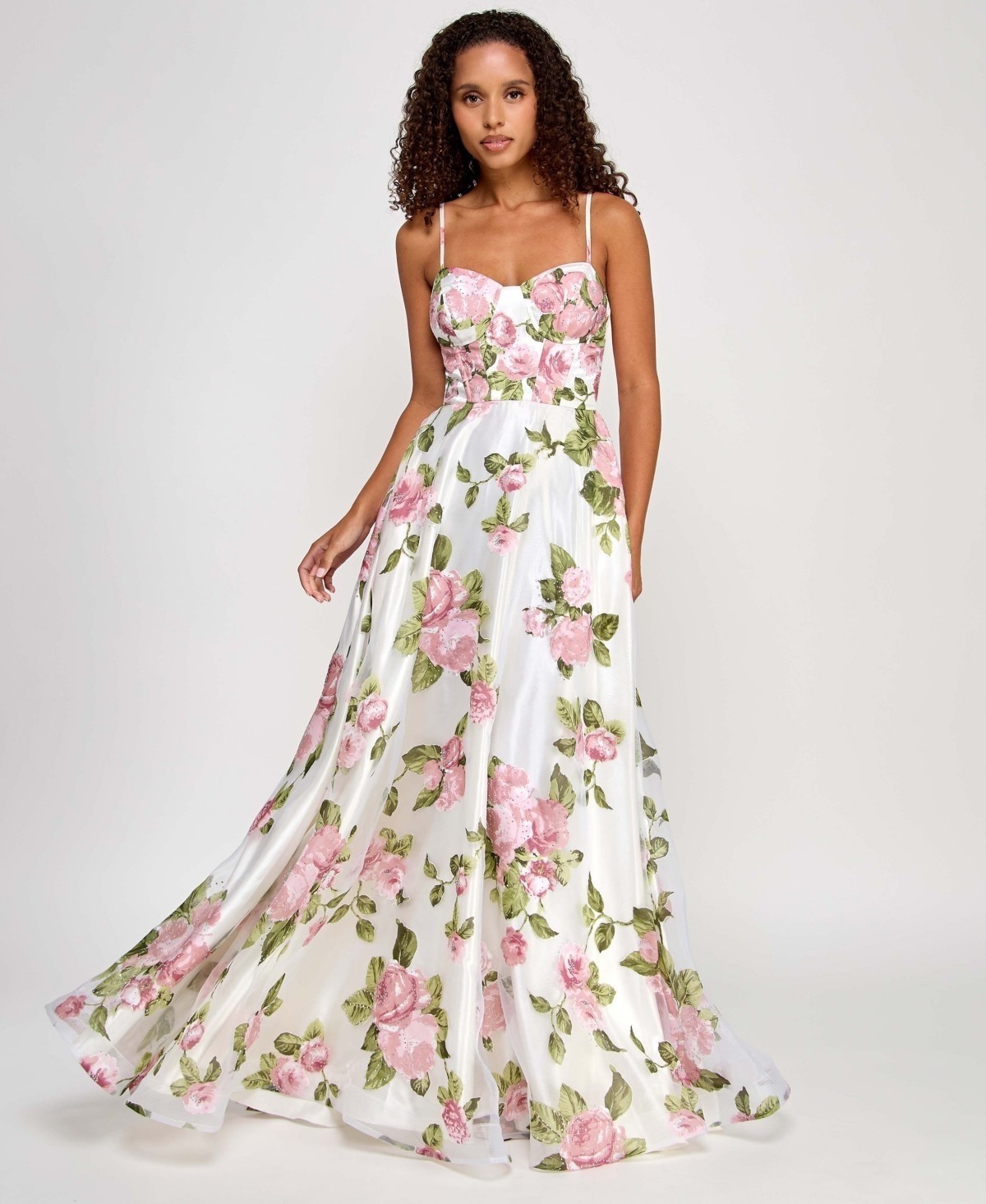 Say Yes Juniors’ Rhinestone Floral Corset Sweetheart Gown – Ivory Blush – 3/4