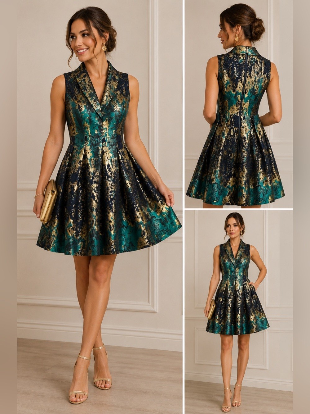 Vince Camuto Metallic Jacquard Fit & Flare Cocktail Dress Teal Gold Navy Size 4