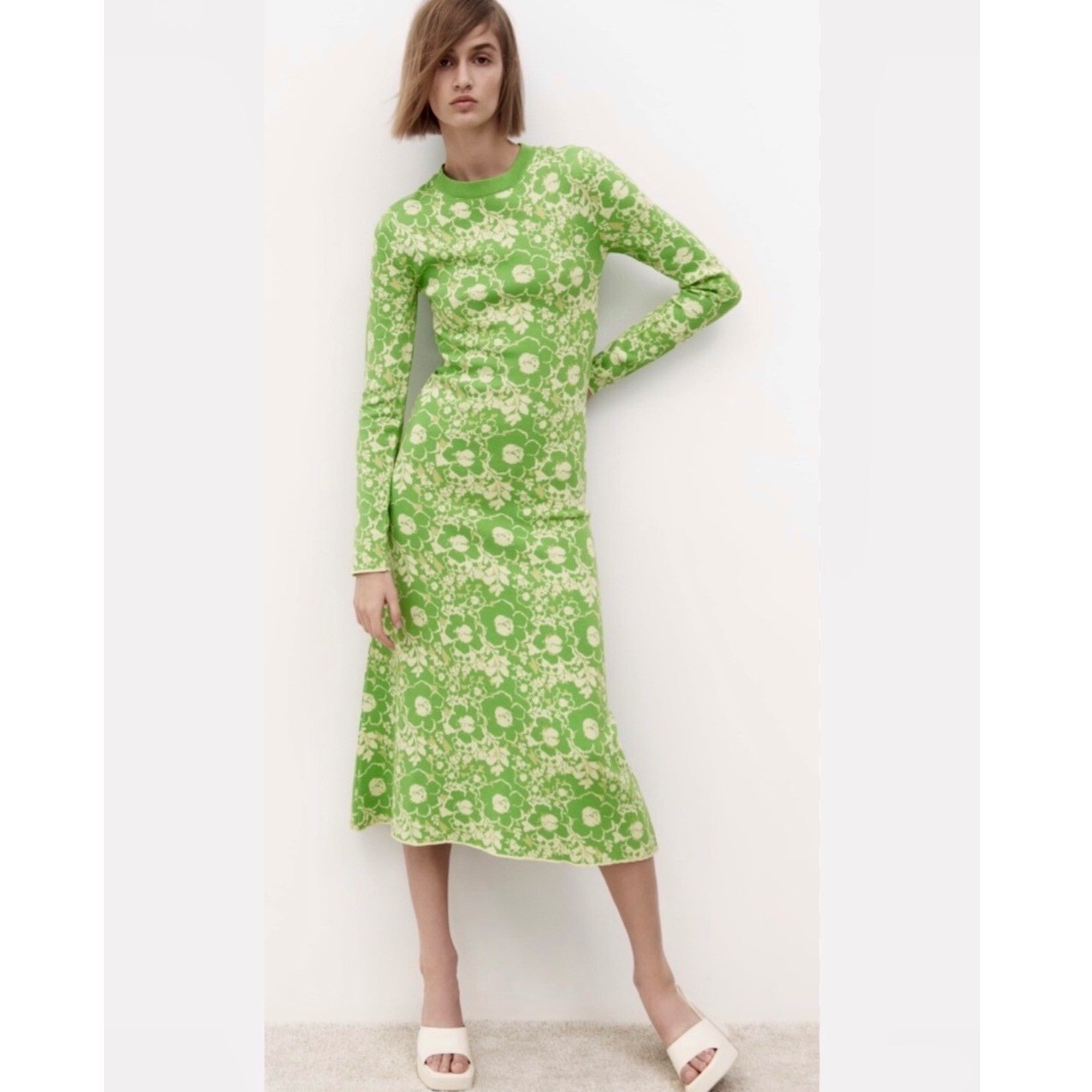 Zara Floral Jacquard Knit Midi Dress Lime Green Yellow Long Sleeve Crew Neck S