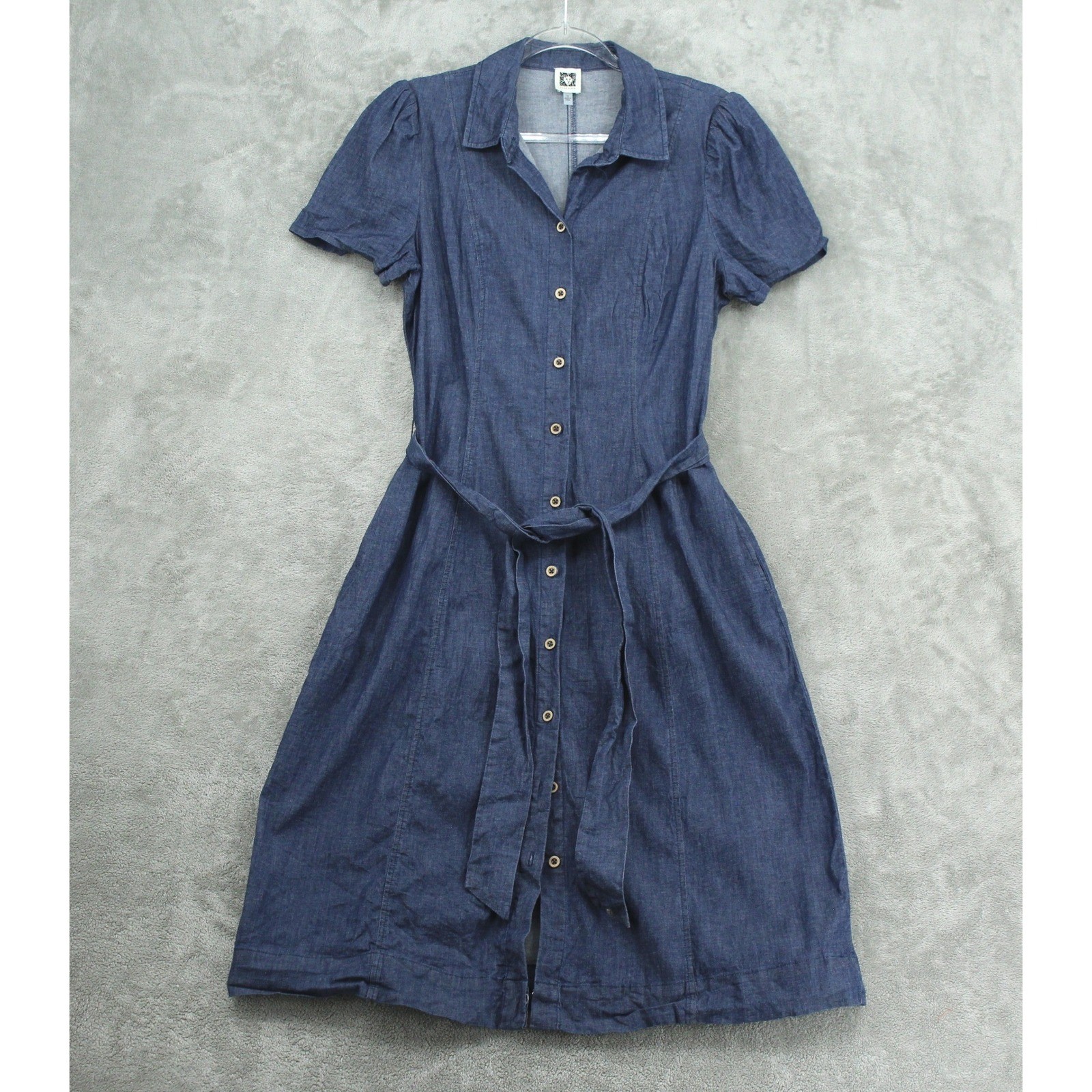 Anne Klein Dress Women 10 Button Front Belted Dark Wash Denim Pockets Midi Blue