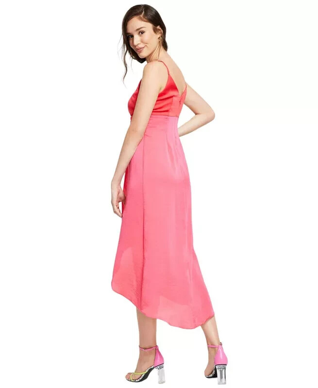 Bar III Women’s Twist-Front Two-Tone Midi Dress Pink Lemonade Combo Size Large