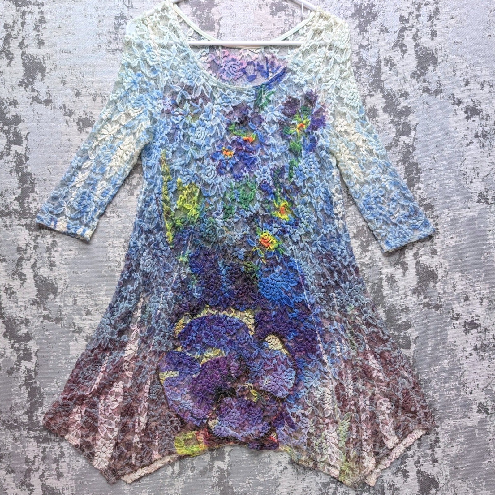VTG Artistic Watercolor Floral Lace Overlay Tunic Dress Women’s Med Made in USA