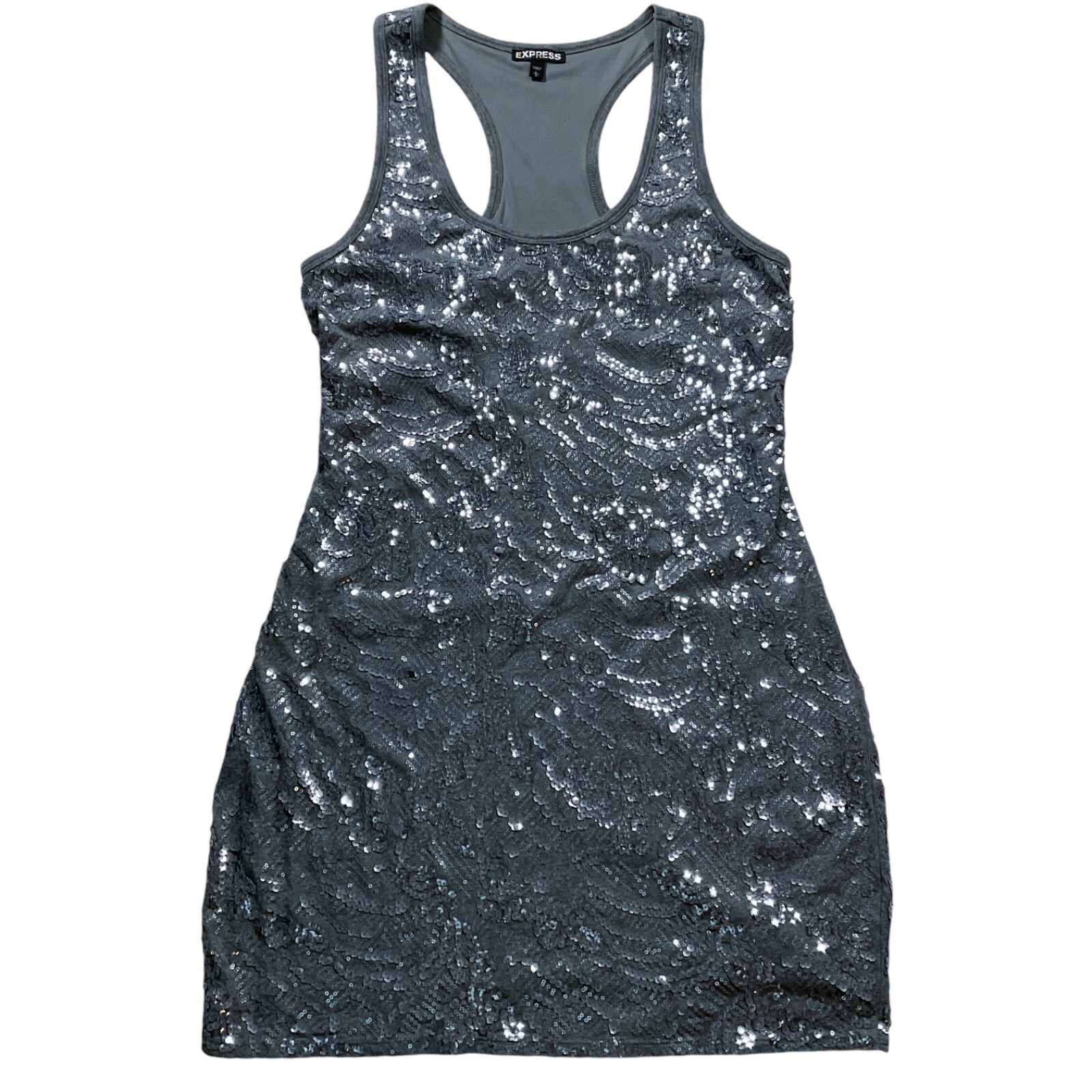 Express Womens Dress size Large Gray Sequin Racerback Pullover Fully Lined Short