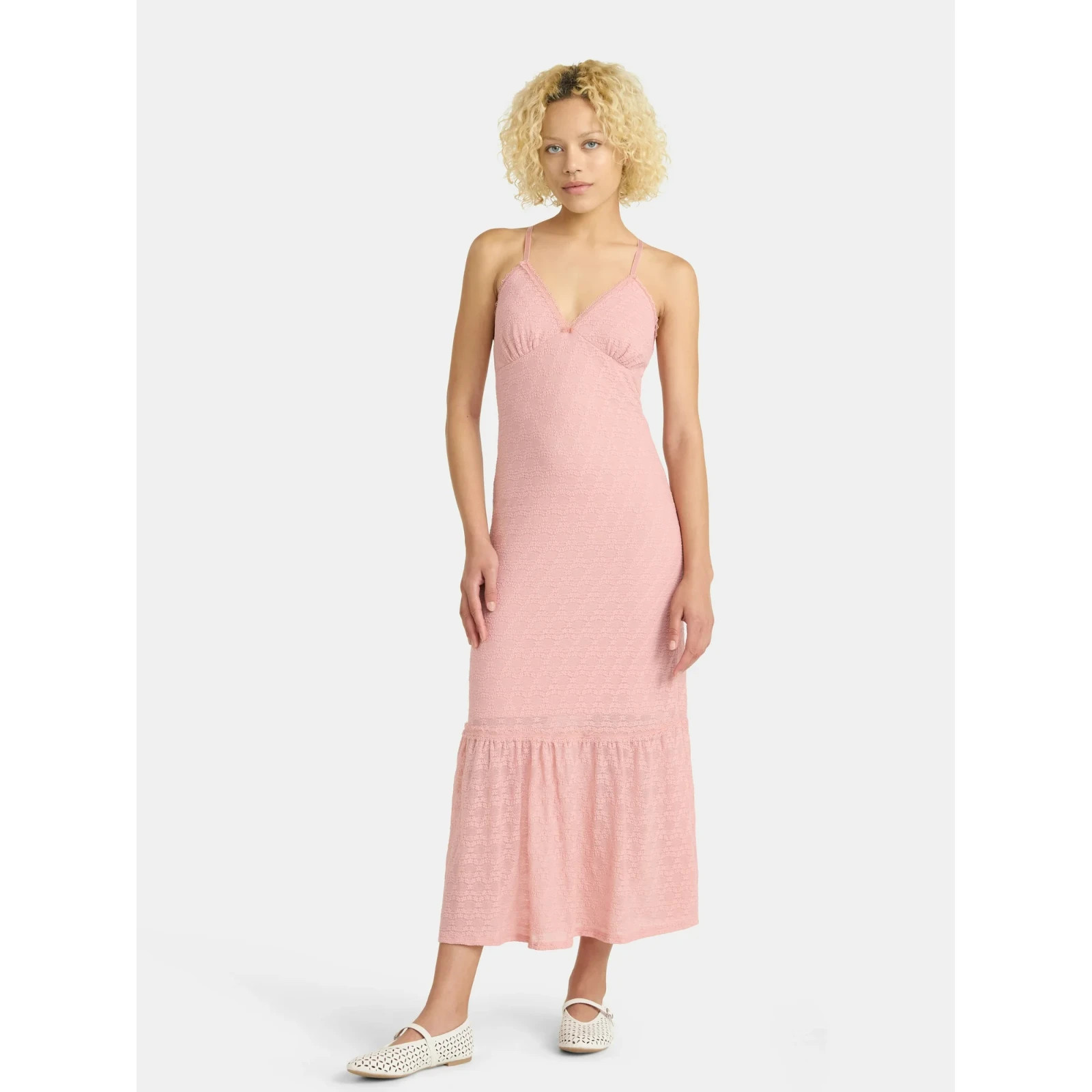 No Boundaries Women’s Pink Maxi Dress with Lace Trim Spaghetti Strap Size XXS-M