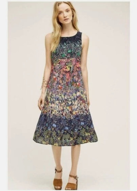 Anthropologie Maeve Larkspur Floral Silk Midi Dress Size 4 Cottage Fairy Boho
