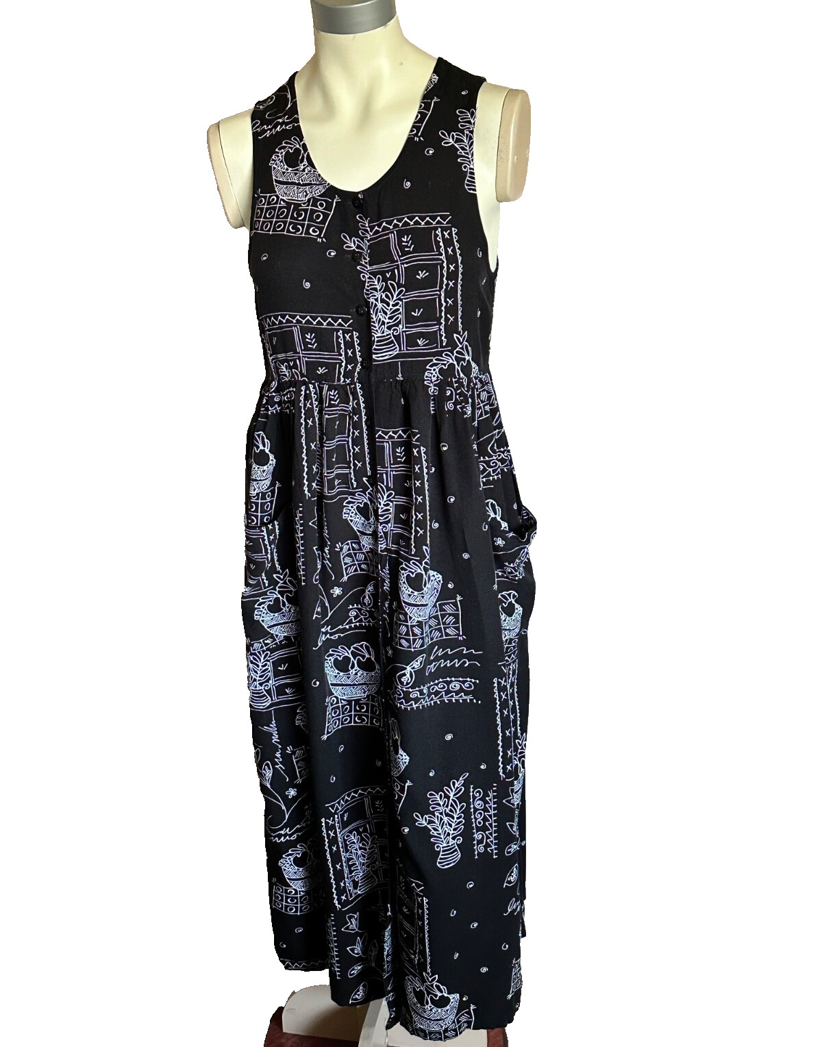 Sigrid Olsen Black/White Print Maxi Full Button Down Sleeveless Dress Size S