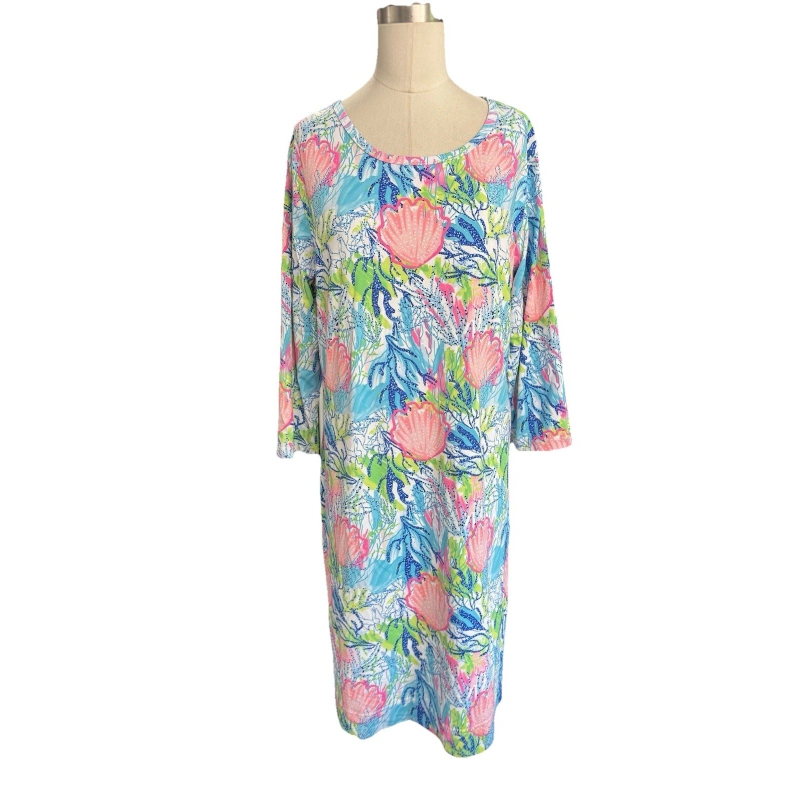 Beach time By Lulu-B 3/4 Sleeve Travel Dress Coverup Pink Print Size Large