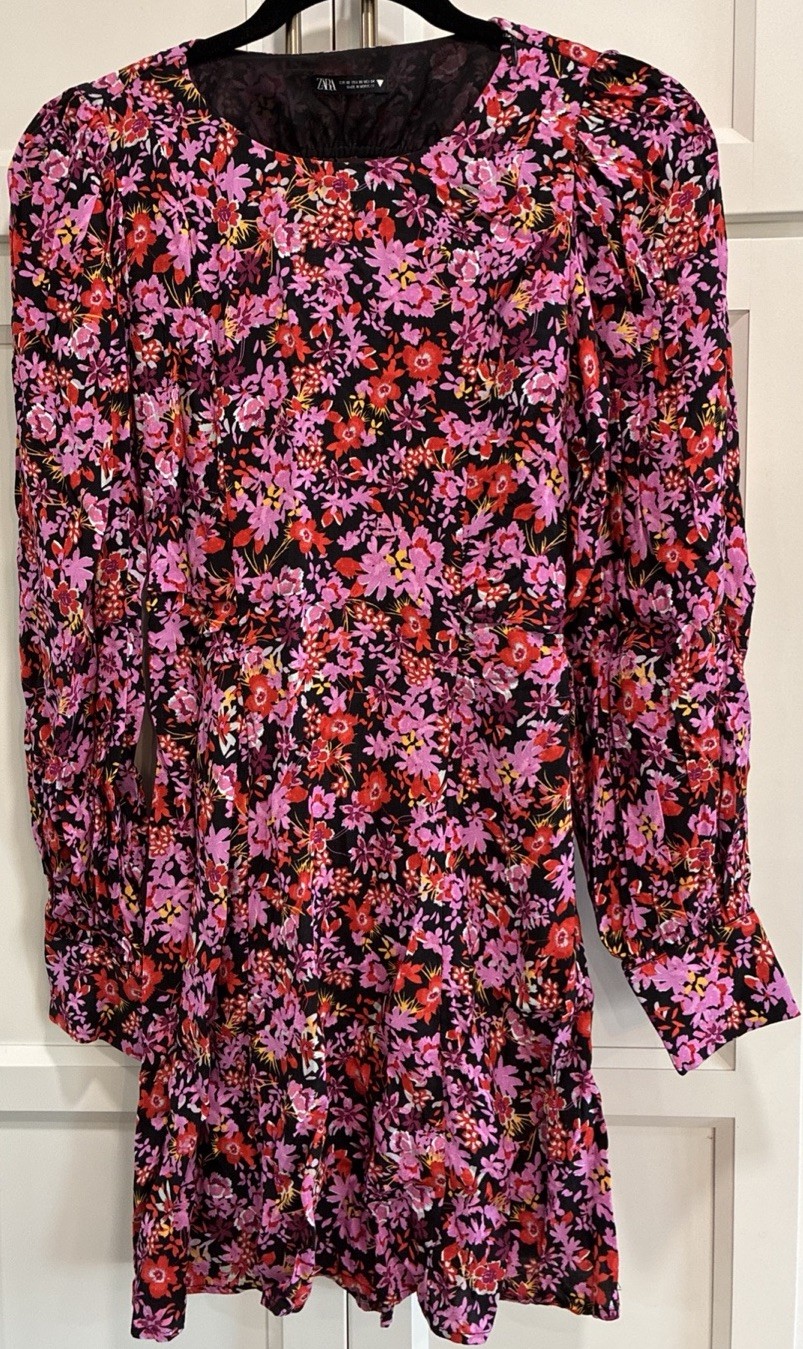 ZARA Multicolor Ditsy Floral Print Short Dress Back Cutout Pleated Cuffs Size XS