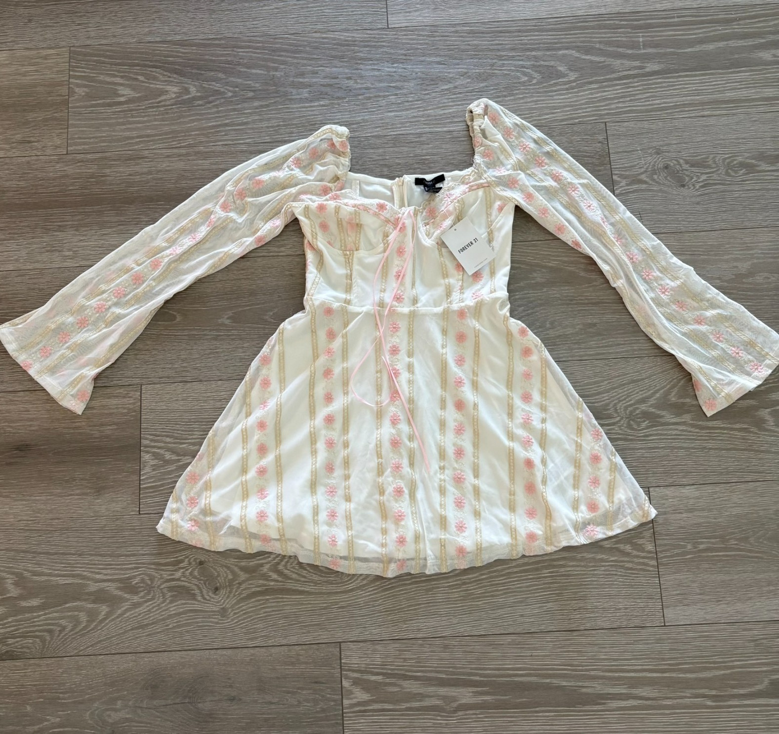 NWT Women’s Whimsical Fairy Mini Dress Cream Floral Mesh Corset Pink Bow Size S