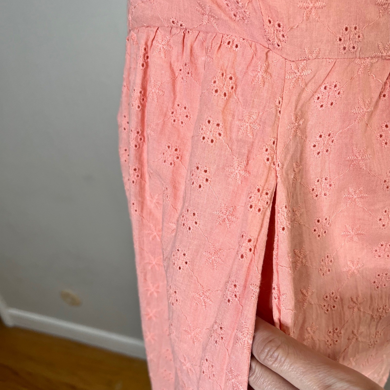 Lulus Peach Pink Eyelet Cotton Midi Dress Ruffle Sweetheart Bustier Pockets S